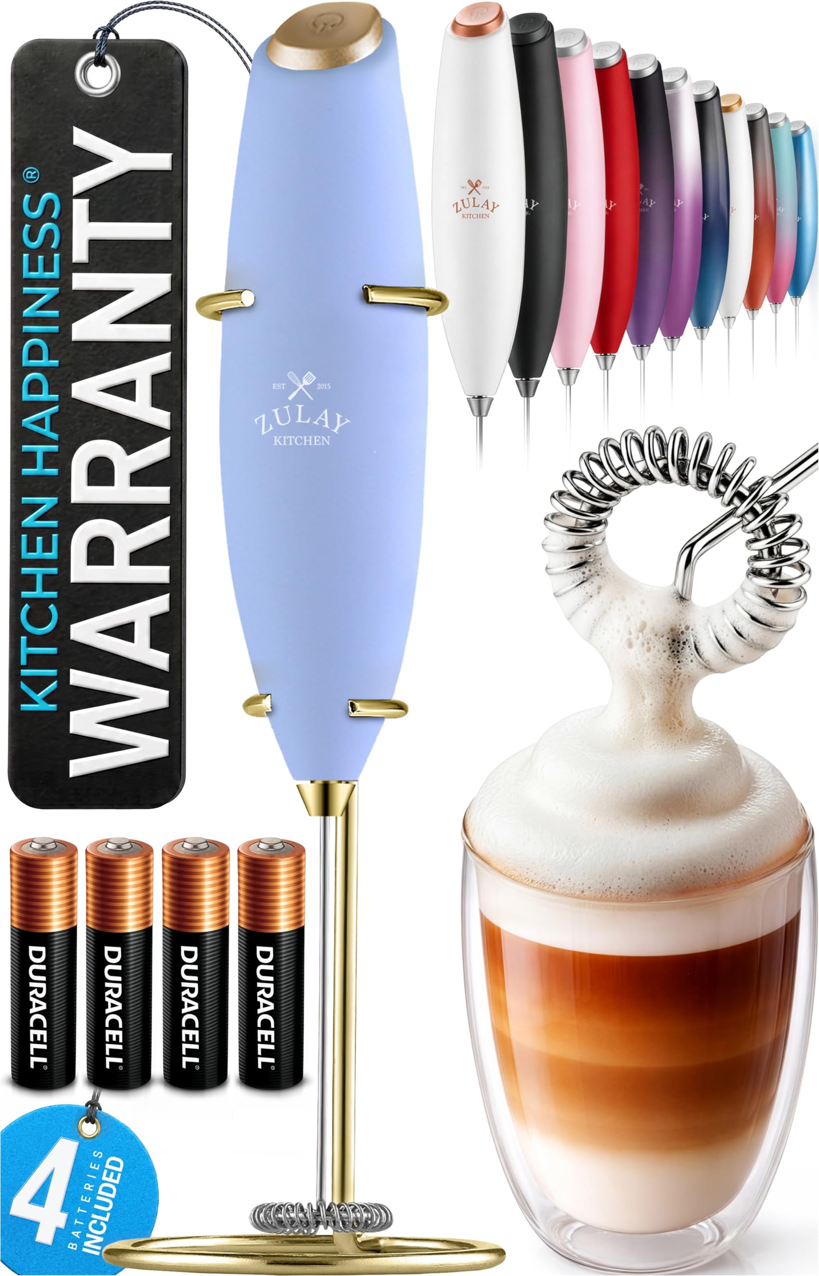 Zulay Kitchen Powerful Milk Frother Wand With Duracell Batteries - Ultra Fast Handheld Drink Mixer - Electric Whisk Foam Maker for Coffee, Lattes, Cappuccino &amp; Matcha - Z1 Motor - Blue &amp; Gold