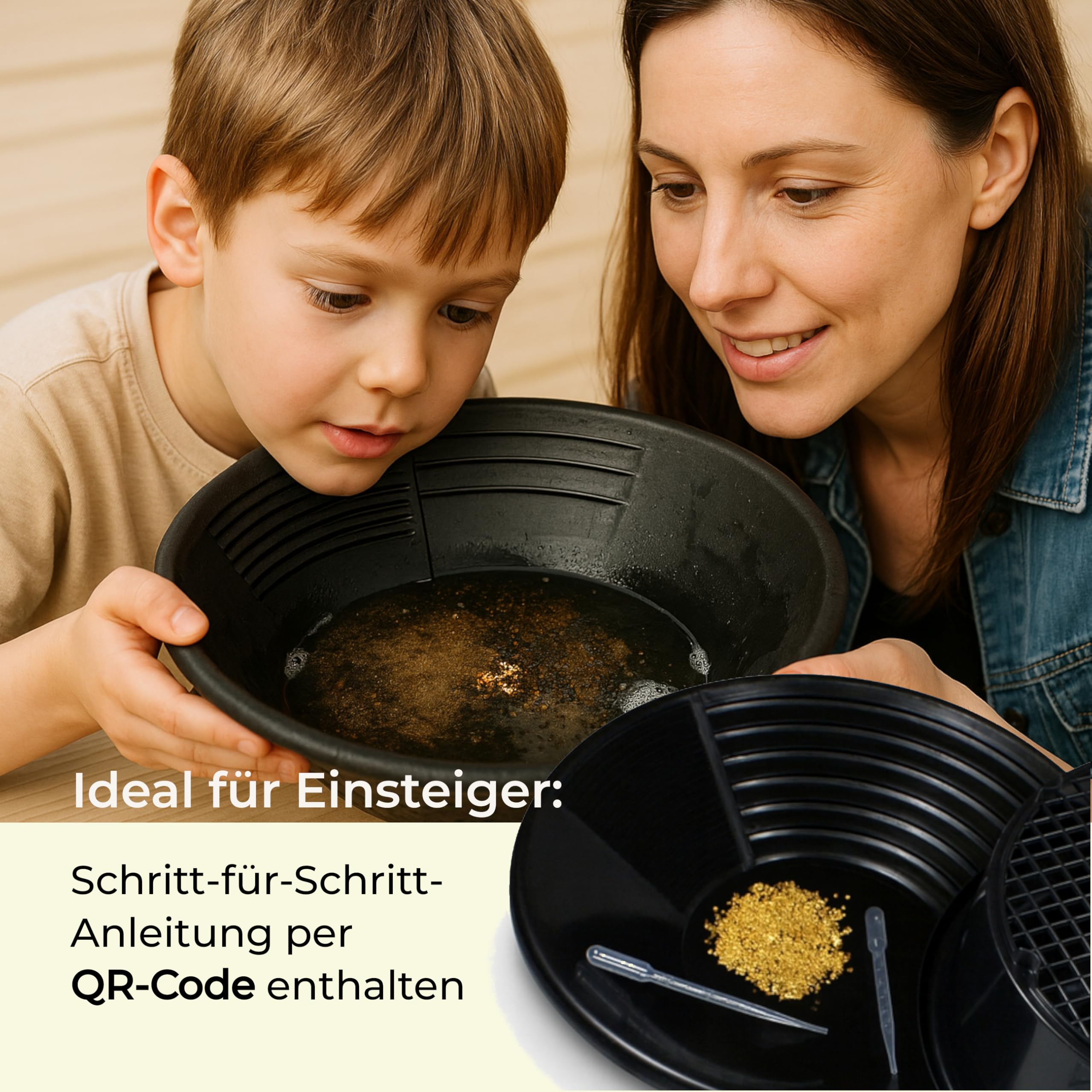 Goldwasch-Set 10-teilig – Goldwaschpfanne Ø 35 cm, Sieb, Schaufel, Snifferbottle, Pipetten & Gläschen – Komplettes Goldwasch Set für Einsteiger & Profis