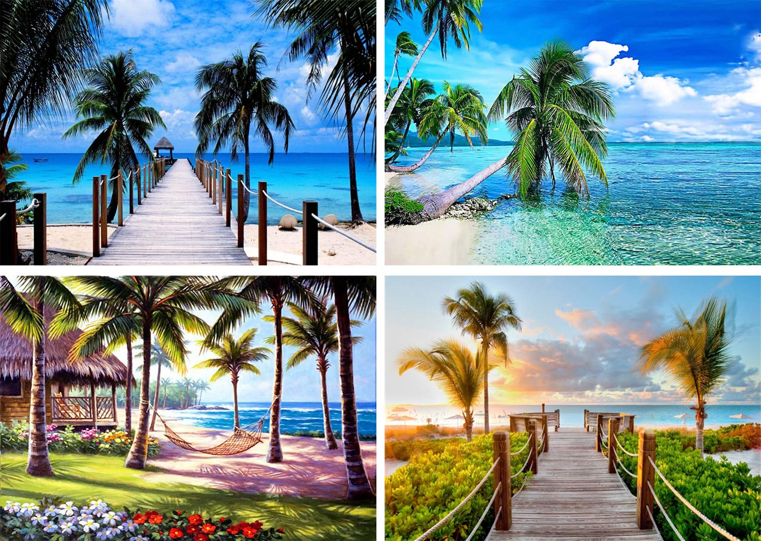 4 Pack 5D Diamond Painting Art Dotz Full Drill Diamond Paint by Numbers Beach Kits for Adults Kids Sea Holiday Palm Tree Hammock Scenery Landscape Wall Decor, 12X16inch