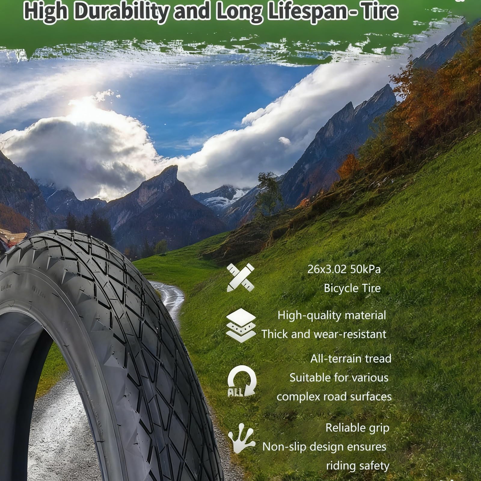 26x3.0 Opona do Rowerów Fatbike, E-Bike, Górskich, Odporna na Przebicia, Wszystkie Tereny, Grube Ściany, Wysoka Przyczepność, 250 KPa (35 PSI), Kompatybilna z Szerokimi Felgami(TIRA AND TUBE SET)