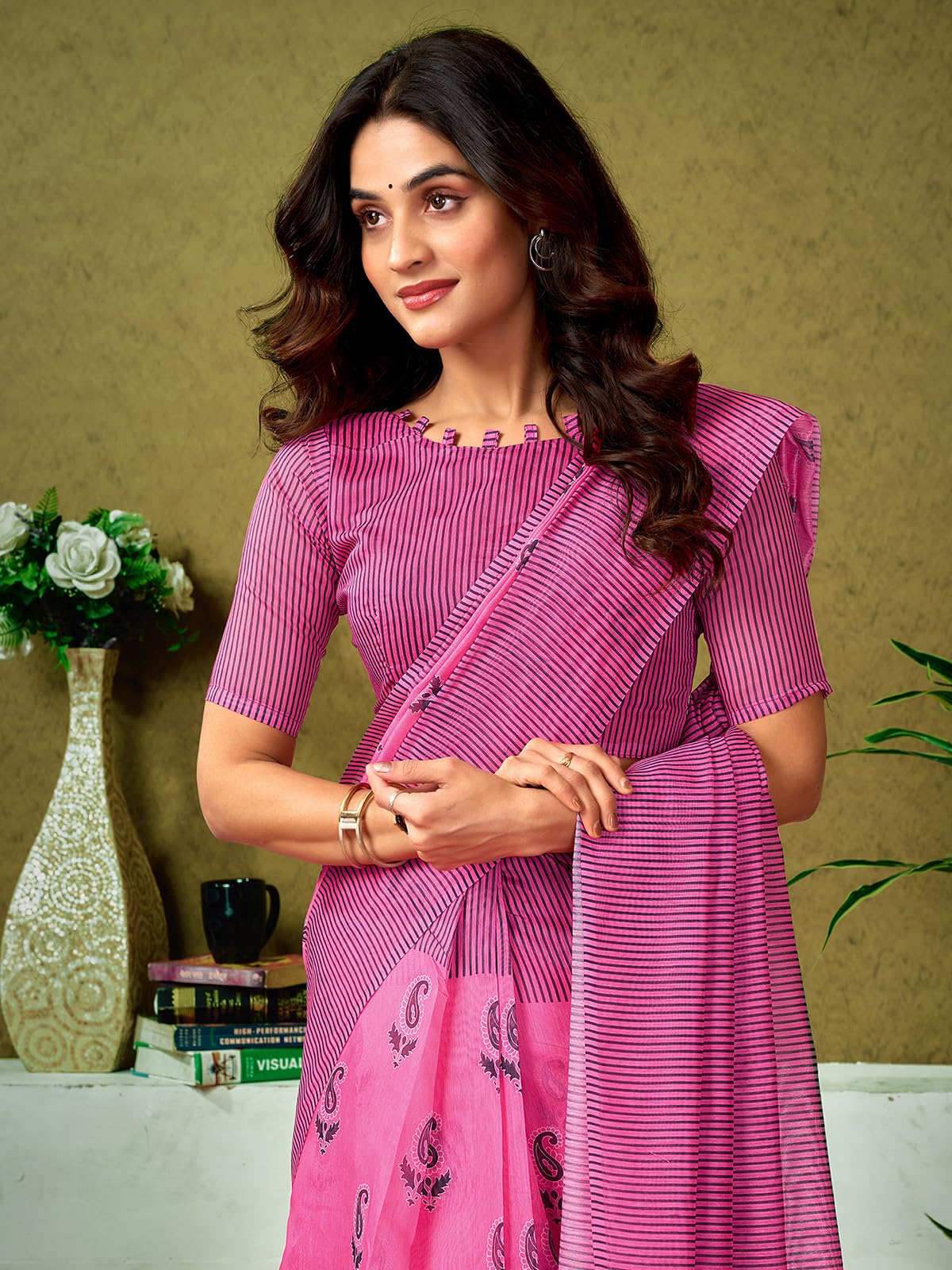 Satrani Women's Chanderi Cotton Printed Ready To Wear One Minute Pre Pleated Readymade Saree With Unstitched Blouse Piece (32Rs291N_Pink1)