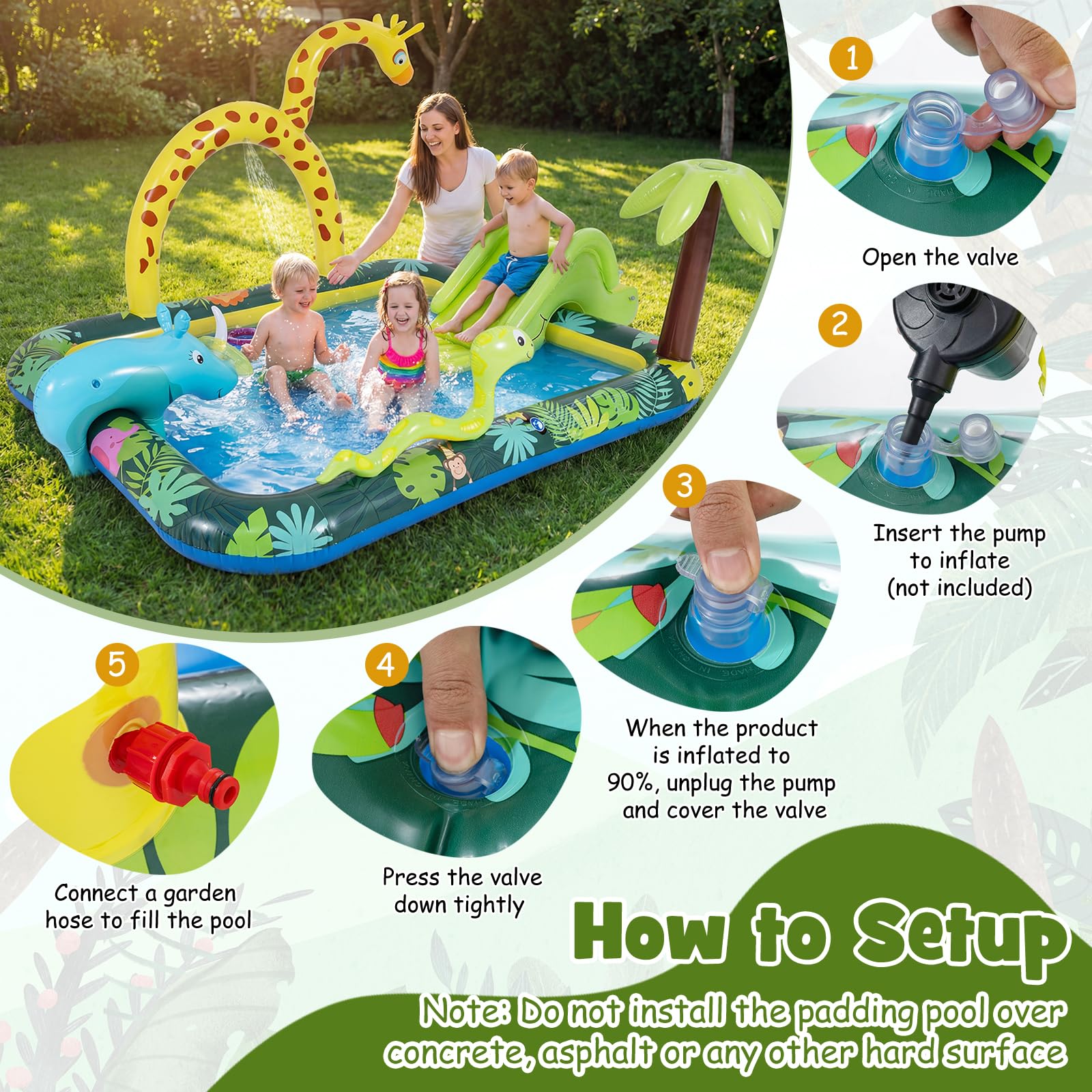 FANTASK Centro di giochi d'acqua gonfiabile con animali della giungla, 208 x 178 x 138 cm, piscina per bambini a partire dai 2 anni, parco acquatico per giardino e piscina