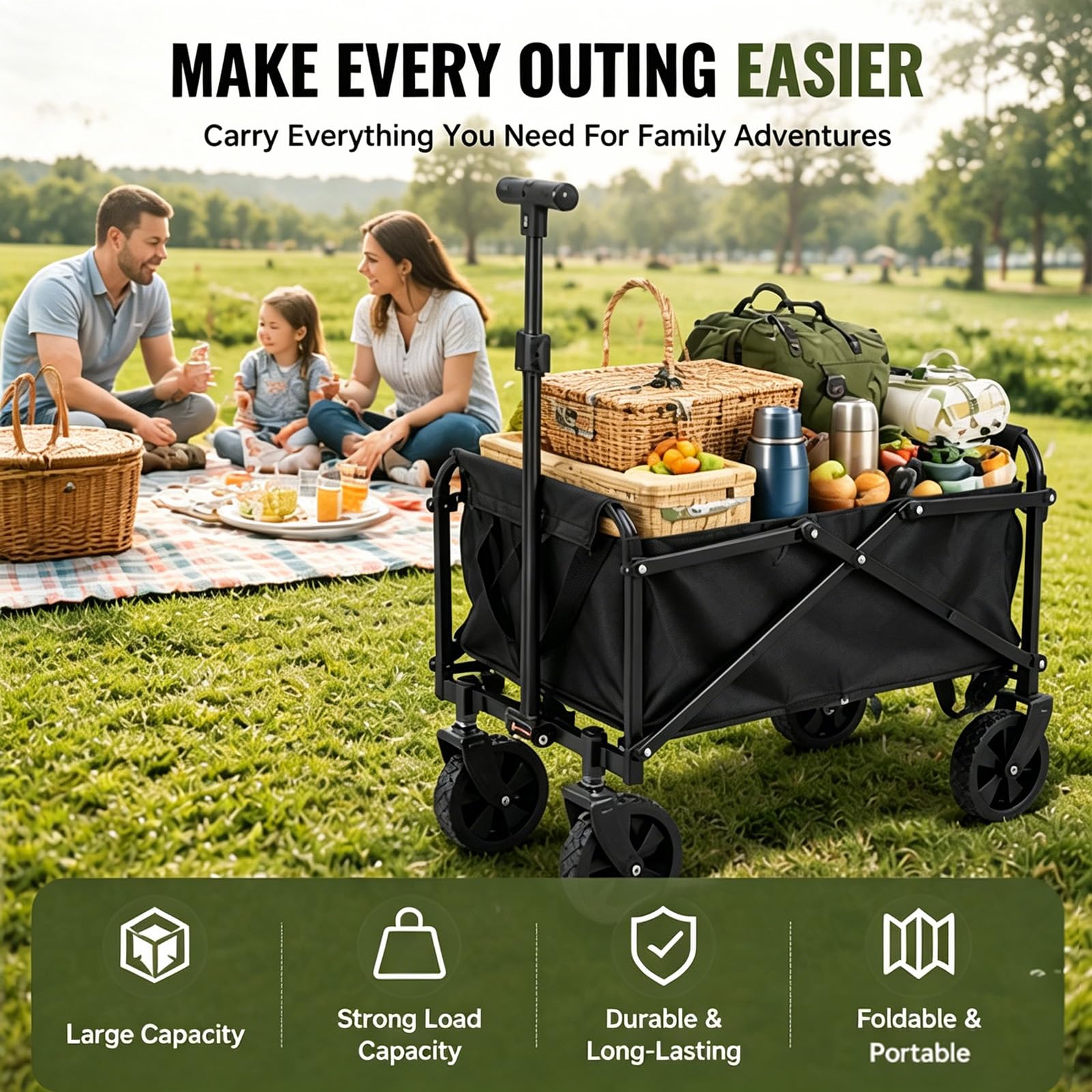 Chariot de Transport Pliable léger et Compact - Charge maximale : 50 kg - avec poignée réglable - Peu encombrant - pour Le Shopping, Le Camping, la Plage, Les Excursions - Tissu Oxford - Noir - Mini