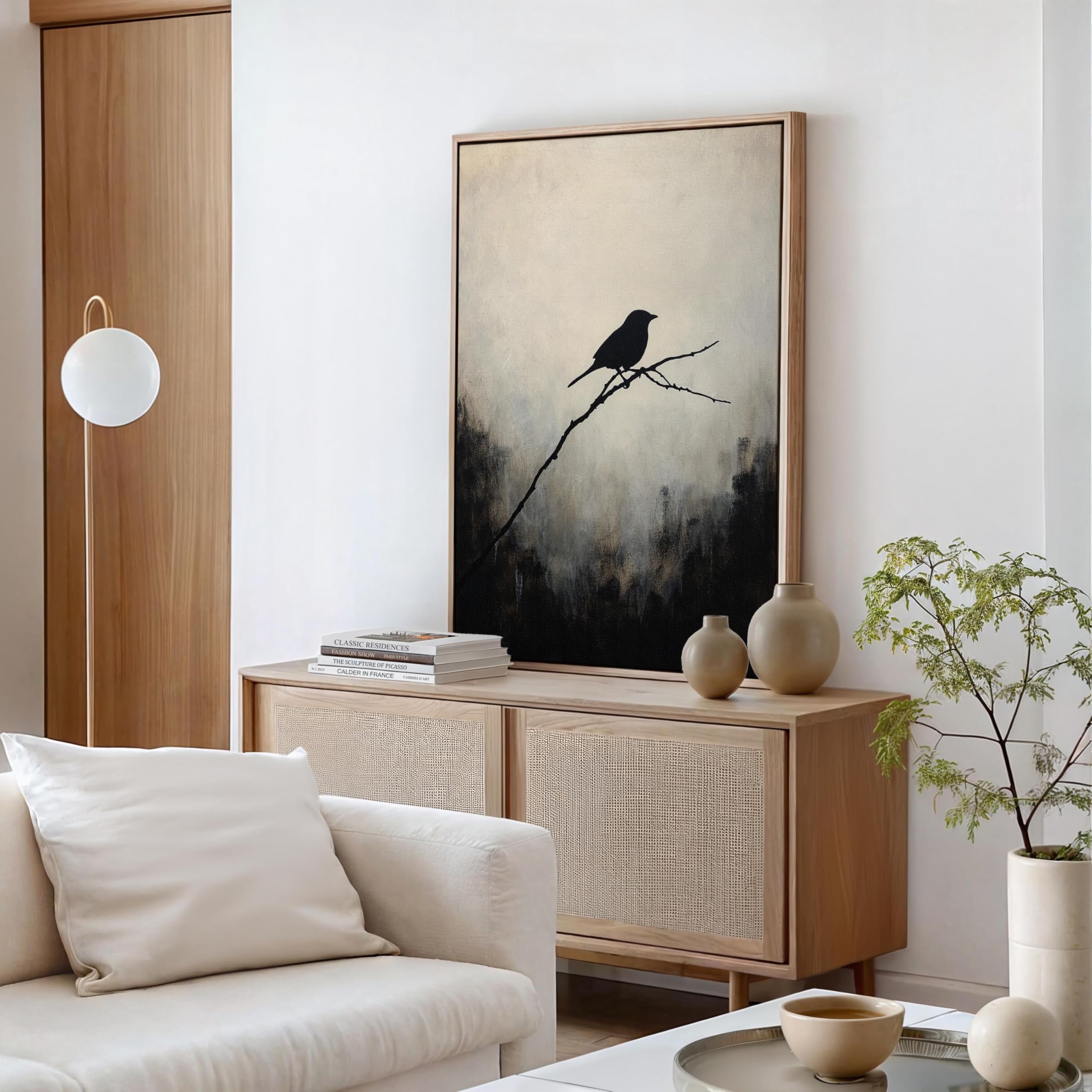 XINBAO Sylwetka czarnego ptaka obraz na płótnie - Minimalistyczna sztuka ścienna w neutralnych odcieniach - Inspirowana naturą grafika do domowego biura (60 x 90 cm/wewnętrzna rama)