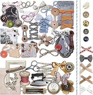 2 Packs Vintage Scrapbook Paper and Sticker Set Sewing Themed Diecut Paperboard Retro Journal Sticker Crafting Collection with Cord Bowknot Button for Junk Journal Handicraft Decoupage (Miller)