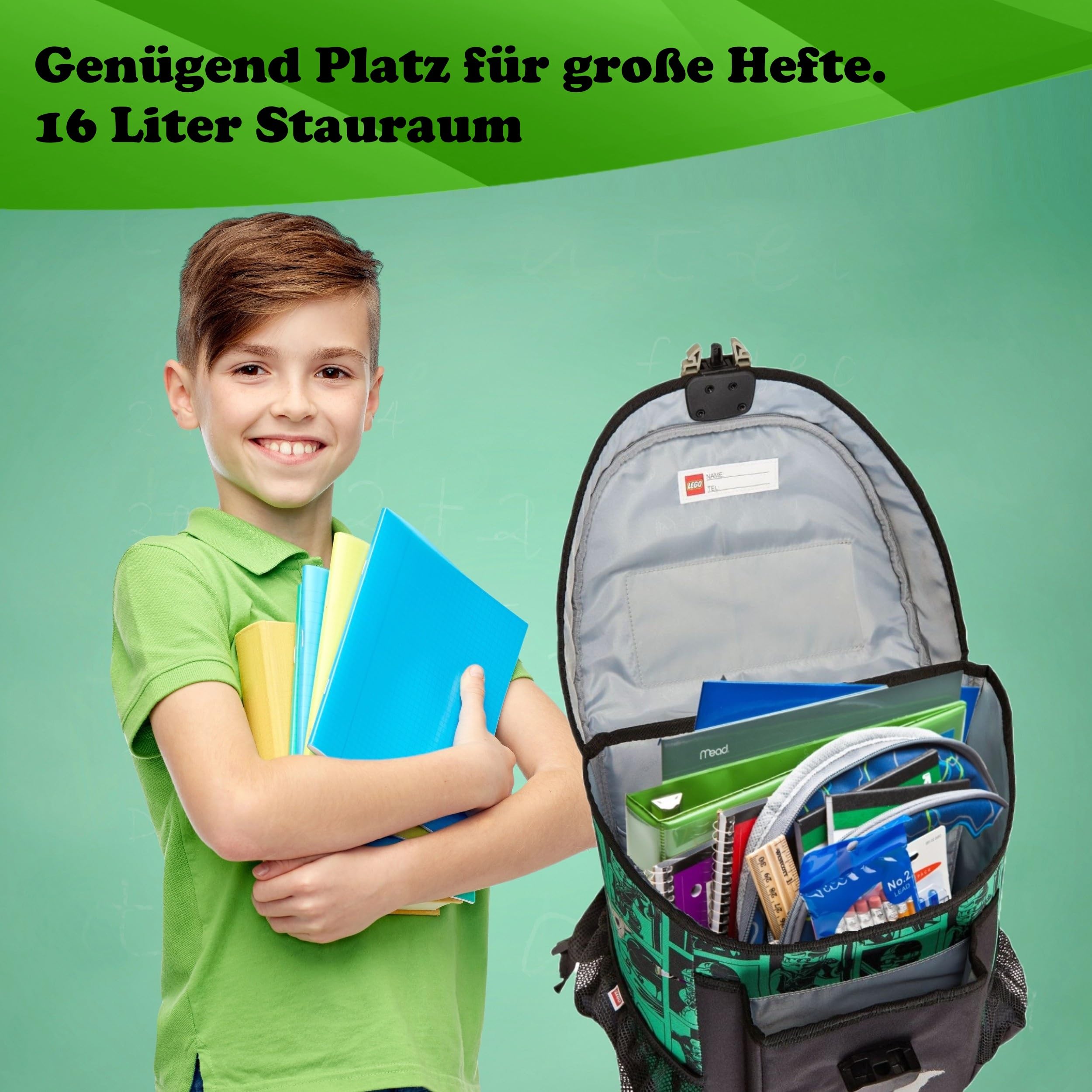 Familando - Schulranzen Set 9-teilig mit Sporttasche - Ninjago Grün - Ergonomisch, stabil & mit gepolstertem Rücken - 790g leicht mit 16L Volumen - wasserabweisend und mit Reflektoren - Ab 1. Klasse