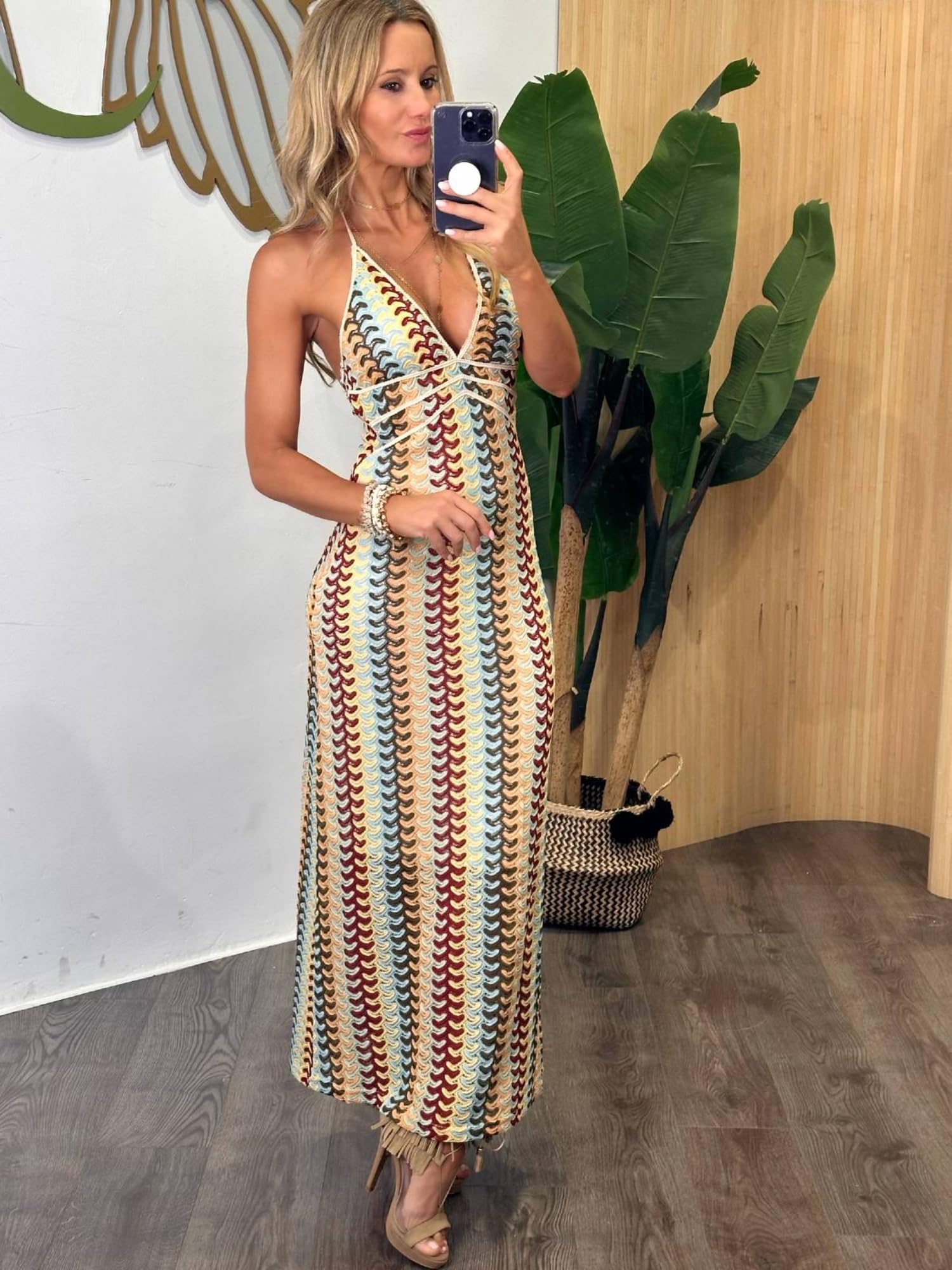 Breezy Lane Damska szydełkowana sukienka maxi seksowna bez pleców w paski bodycon wiązana na szyi dzianinowa letnia plaża wakacje okrycie