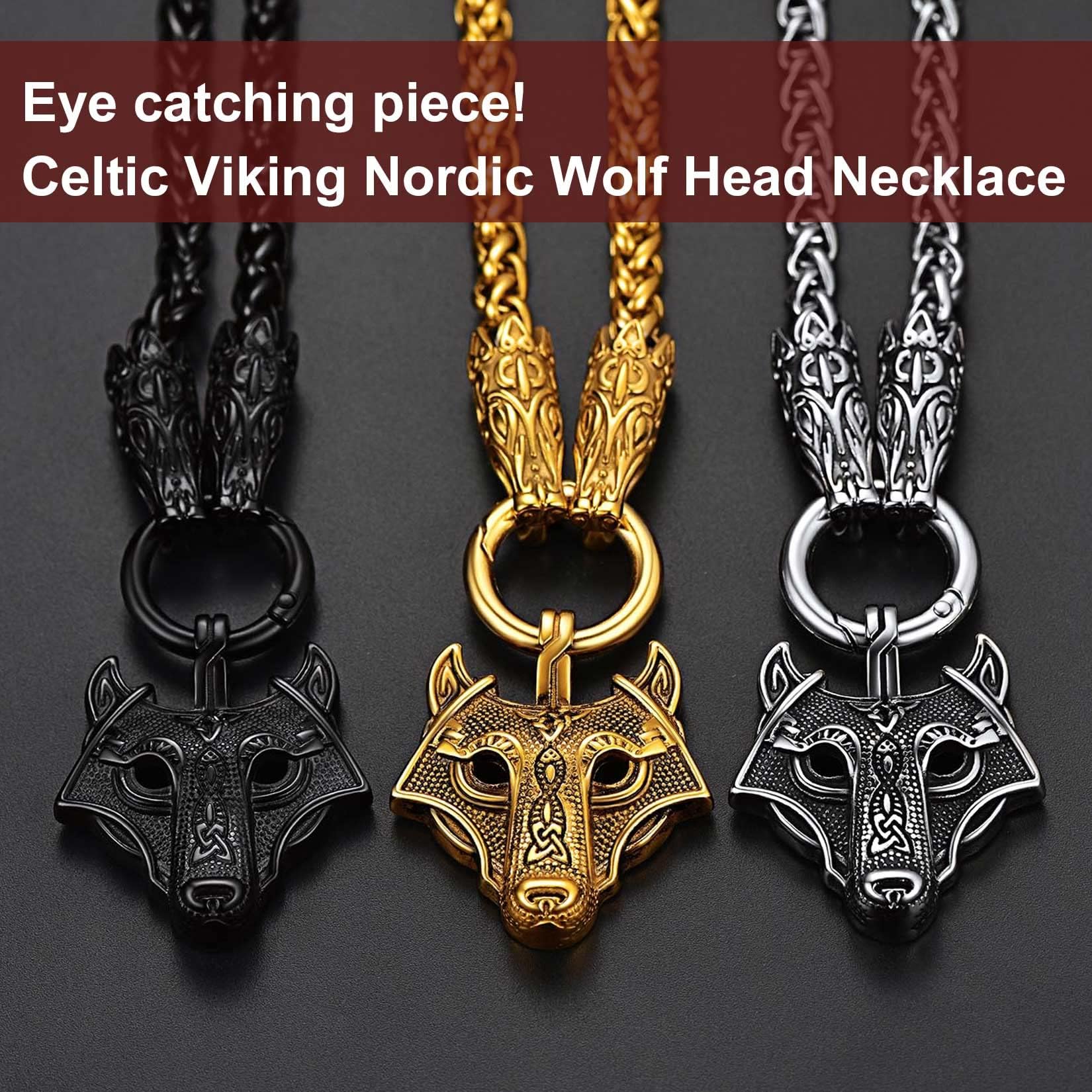 ChainsProMax Collana da uomo massiccia in stile vichingo Mjolnir/Fenrir lupo/celtico/rune, con catena da 71,1 cm, gioiello vichingo norreno, placcato oro/nero, in confezione regalo