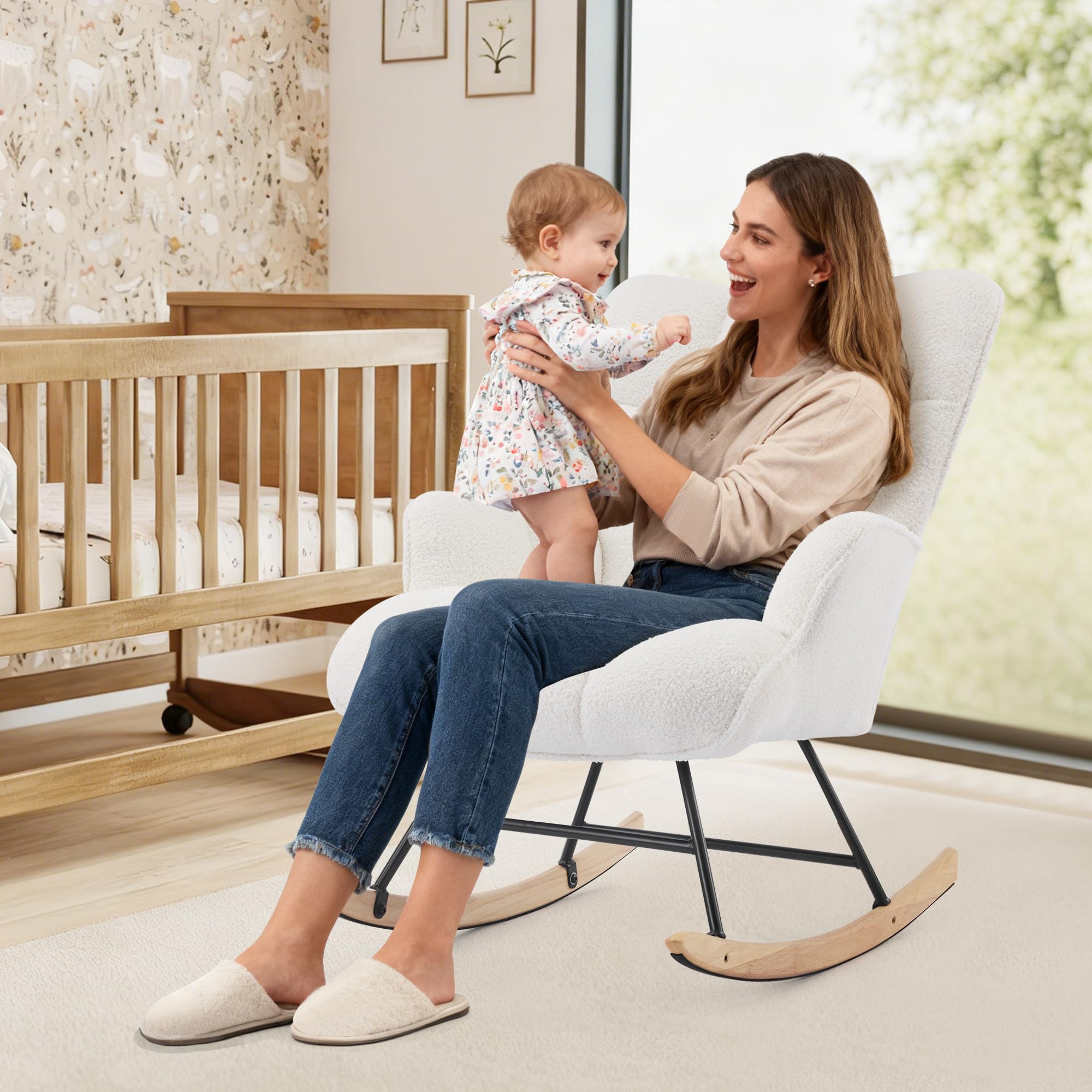 Silla Mecedora para Lactancia, Sillón Balancín Teddy Tapizado en Peluche Suave con Base de Madera Silla de Relax Cómoda con Brazos para Sala, Dormitorio y Habitación Infantil Blanca