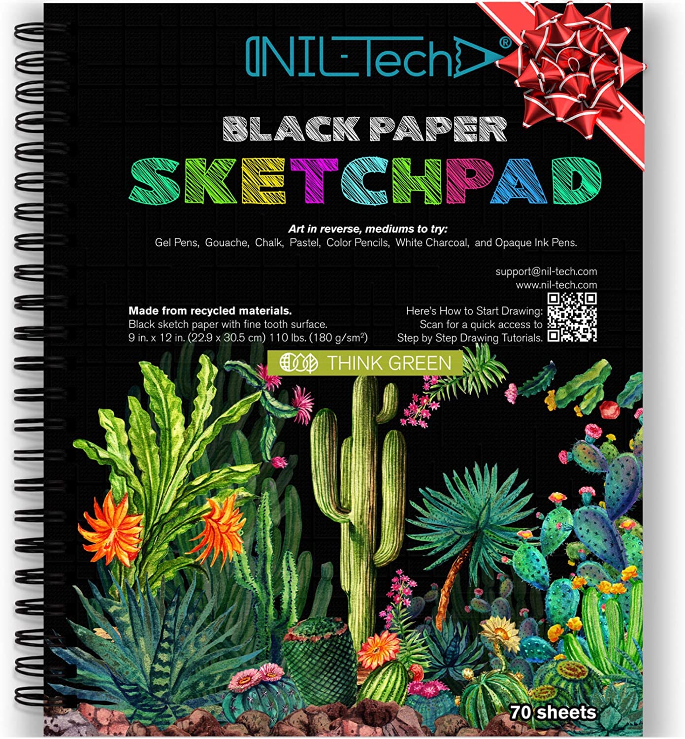 NIL - TECH70 Sheets Premium Black Paper Sketchbook - 9 x 12 Inches (110lb/180gsm) Spiral Bound Black Drawing Mixed Media Paper for Gel Pens, Color Pencils, Chalk, Oil Pastels, and Glow in The Dark Paint