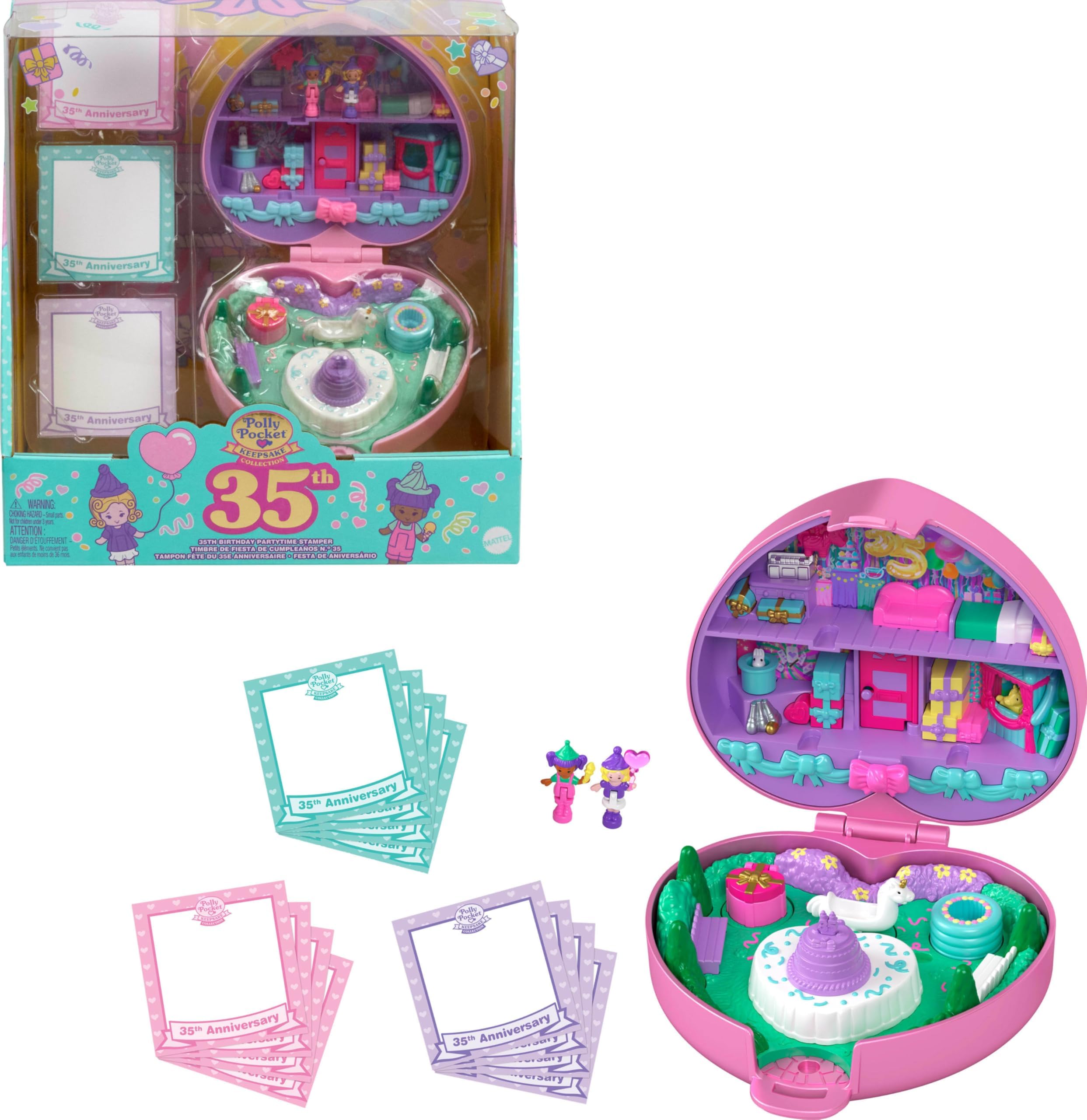 Dolls and Playset, Collector Heritage Compact, 35th Birthday Partytime Stamper with 2 Dolls, 3 Party Stamps, and 12 Stationary Cards, HWP20