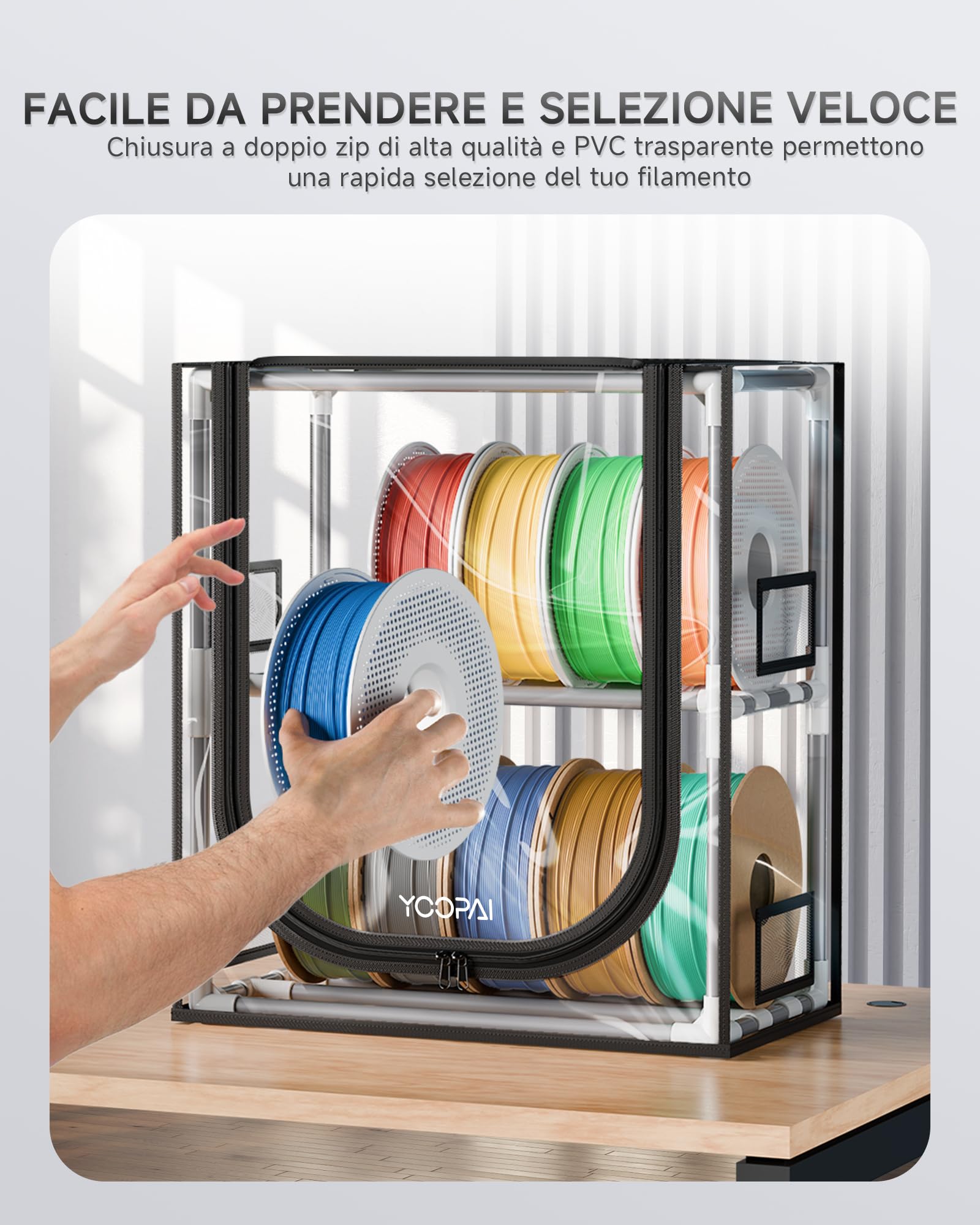 YOOPAI Scatola Portafilamenti per Stampanti 3D, 2 Ripiani in Metallo con Coperchio Trasparente & Essiccante – Per 12 Bobine (PLA, ABS, PETG, TPU), Design a Tenuta, Compatta per Officina e Casa