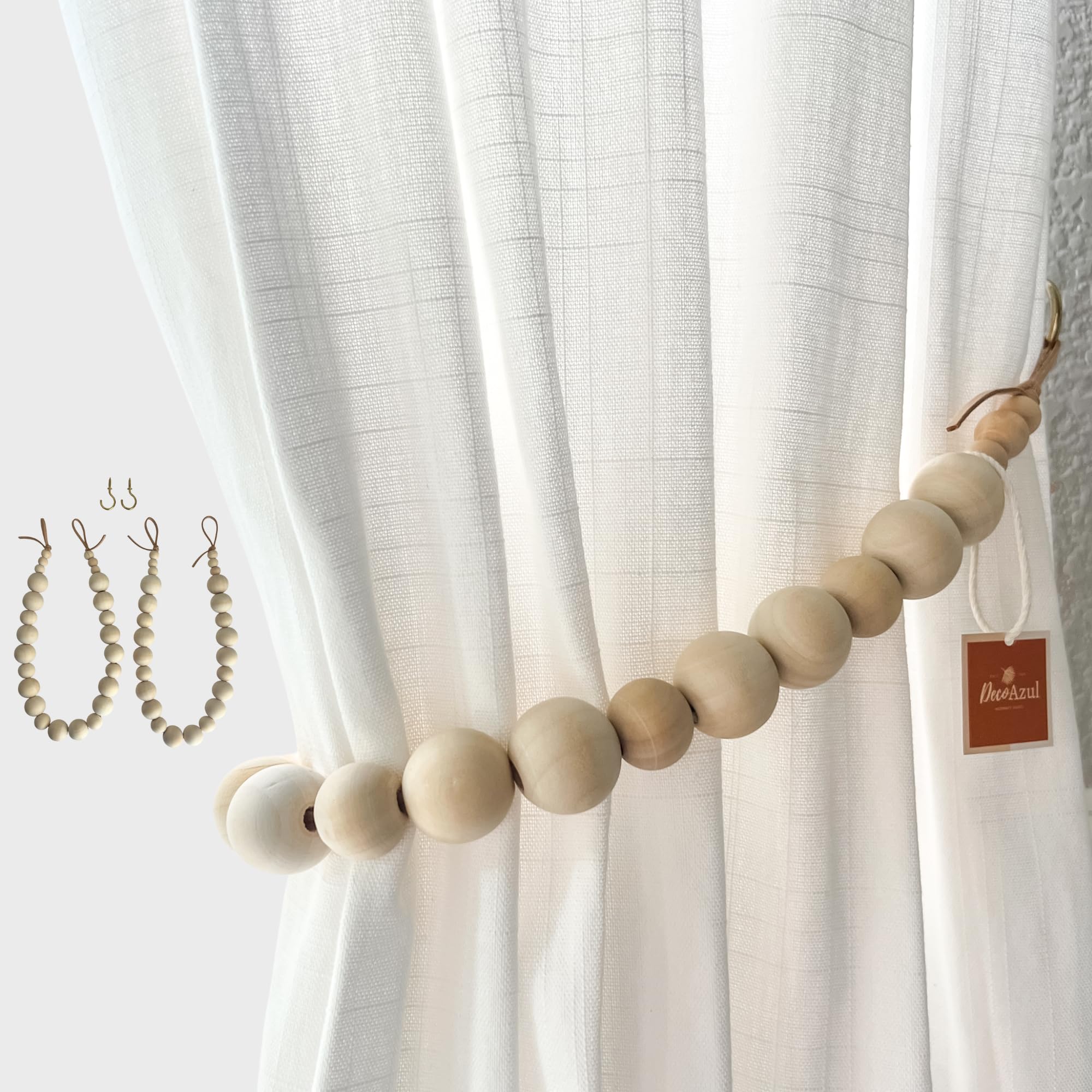 Deco Azul Curtain Tiebacks – Set of 2 Boho Wood Bead Holdbacks with Brass Hooks – Rustic Curtain Tie Backs for Drapes, Bedroom, Nursery, or Kitchen (22 Inches)
