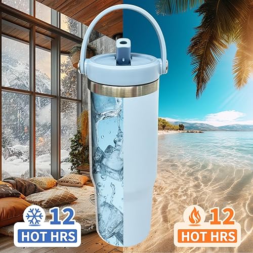 Miniatura 6 de Vaso de 30 onzas con asa superior, vaso aislado al vacío de doble pared con popote abatible, taza de café de viaje de 30 onzas con recubrimiento en