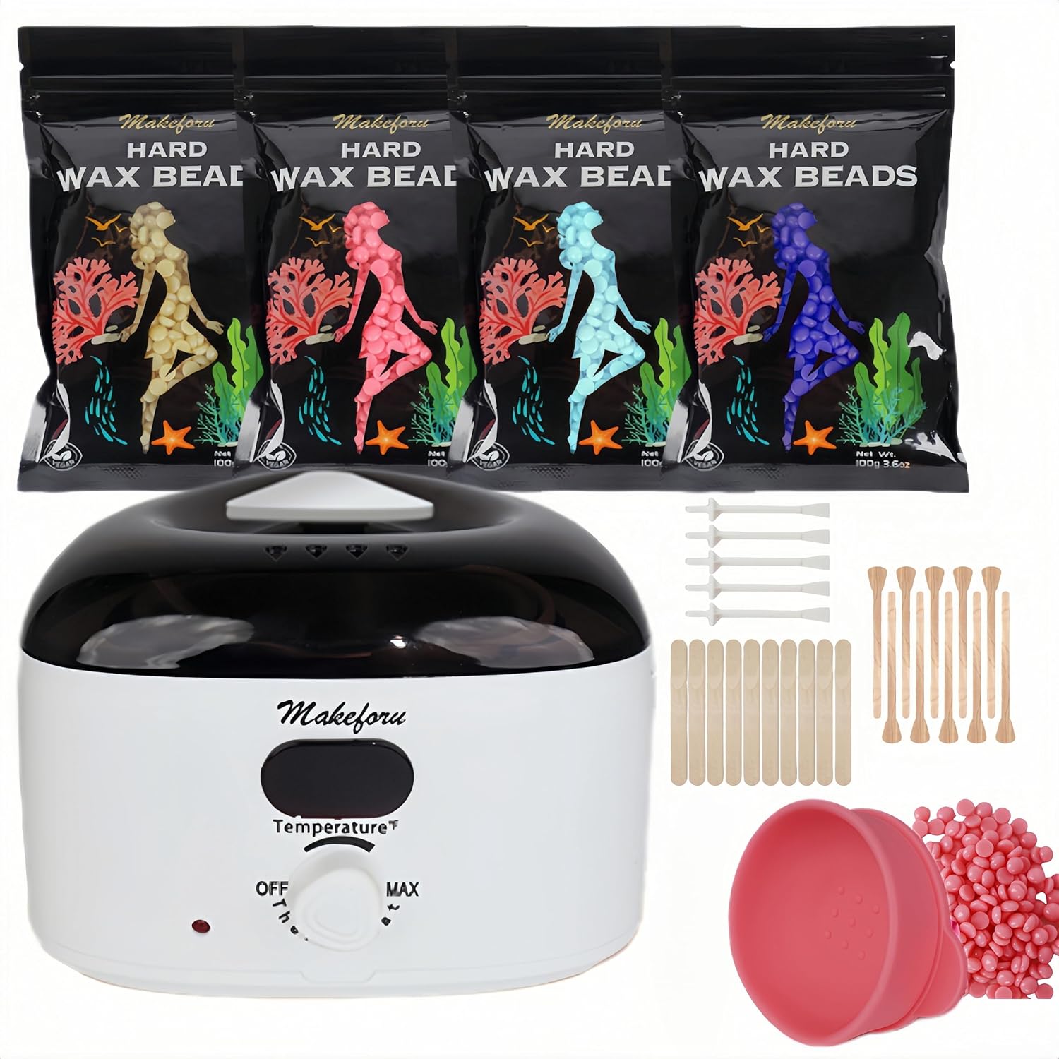 Brazilian Waxing Kit - Bikini & Full Body Hair Removal with Digital Warmer, 4 Scented Wax Beads & 27 Silicone Tools - Home Waxing for Women & Men, Face & Body Care (White)