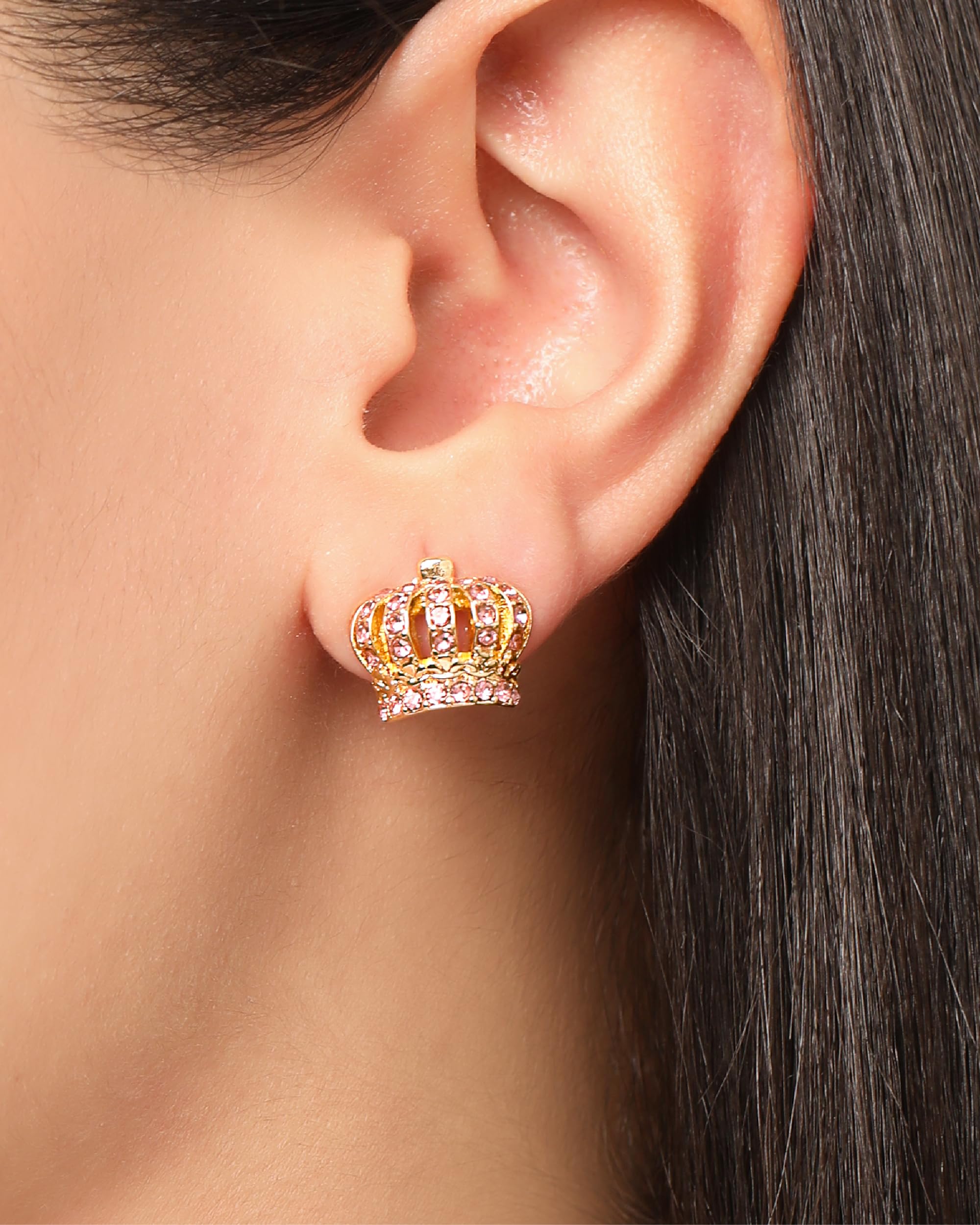 Juicy Couture Necklace and Crown Stud Earrings for Women with Pink Crystals, Gold Tone Jewelry Set