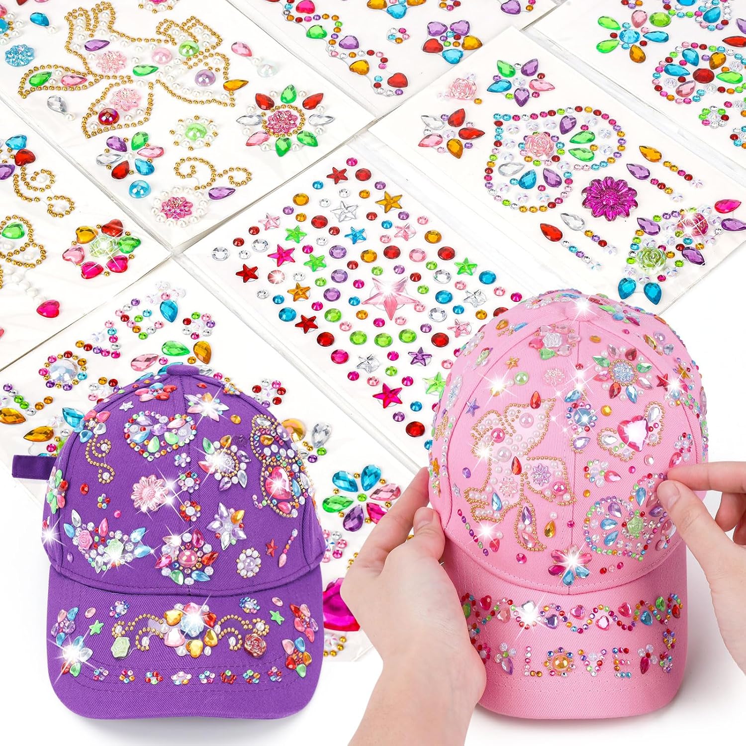 LITTLEFUN Decorate Your Own Baseball Cap with Glitter Gem Stickers for Kids Crafts Toys Gifts - Girls Birthday Presents - Image 4