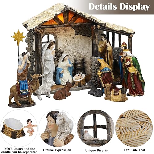 Miniatura 4 de Fovths Paquete de 16 figuras de pesebre de Navidad de resina con pesebre de resina con LED pesebre, decoración de mesa, centros de mesa de resina