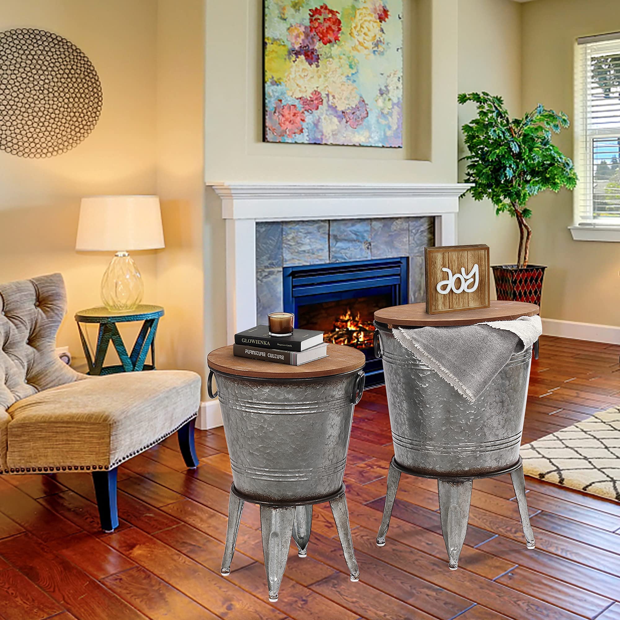RUSTOWN Farmhouse Side Tables Set of 2, Galvanized Metal Bucket End Table | Storage Metal Bin with Round Wooden Lid, Accent Side Table, Rustic Antique Cocktail Table for Living Room, Bedroom, Outdoor