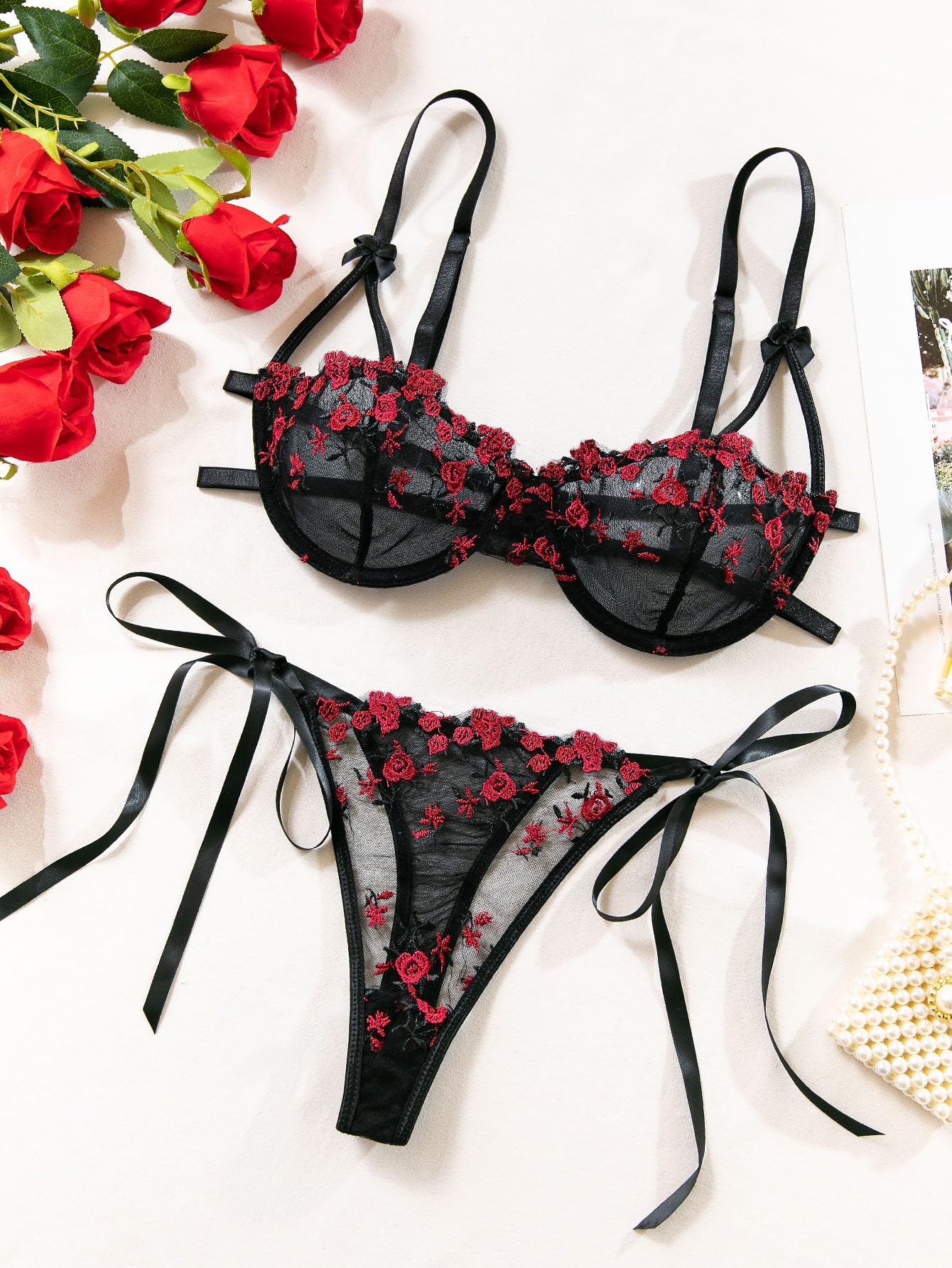 Lilosy Sexy Tie Side Cute Underwire Push Up Strappy Embroidered Mesh Sheer Lingerie Set: Small Bow Floral Black Red