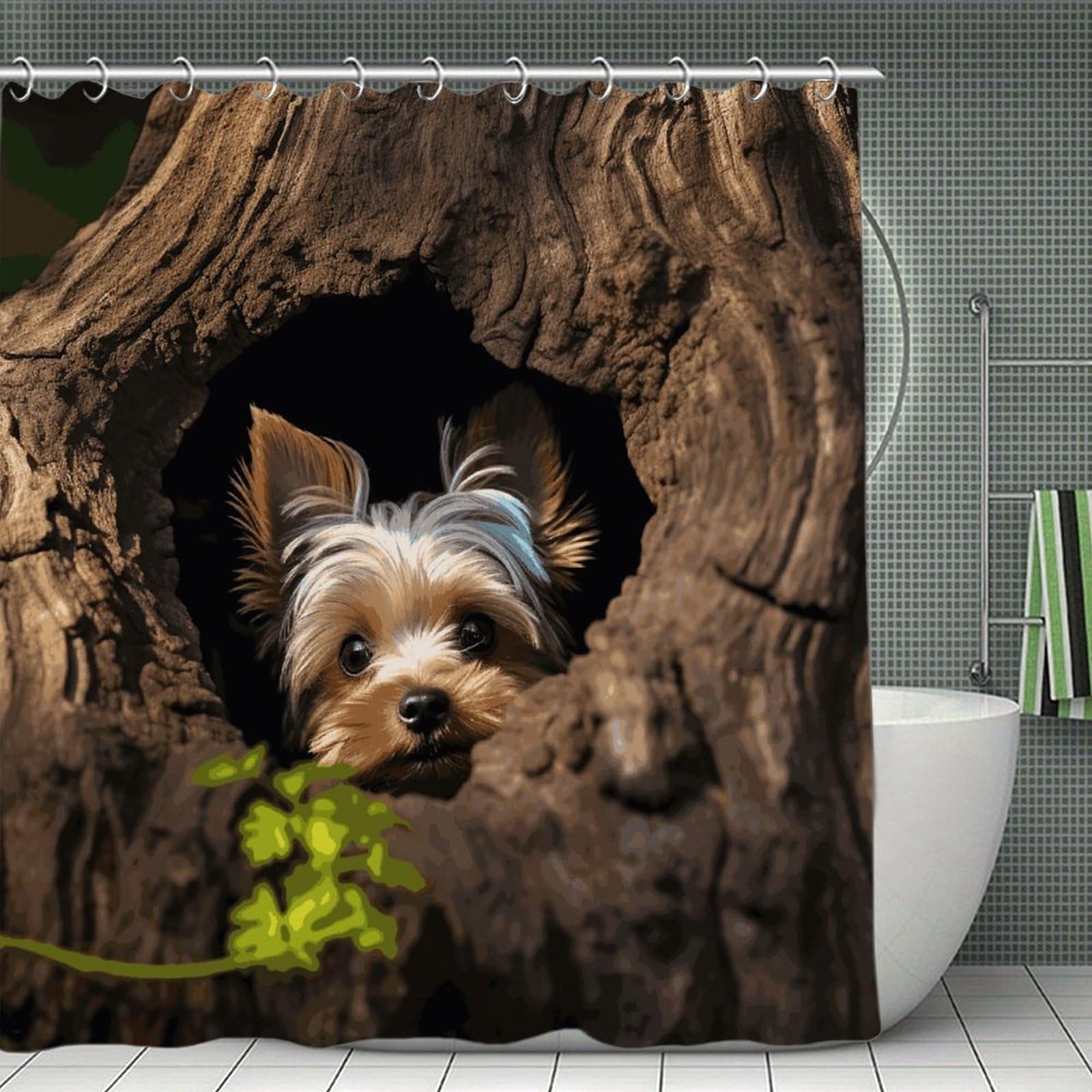 A Little Yorkshire Terrier Nestled in A Tree Hole Shower Curtain 71x71 Heavy Duty Polyester Cloth Bath Curtain with Hooks Thick Waterproof Shower Liner Fun Magic Decorative Bathroom Curtains for Batht