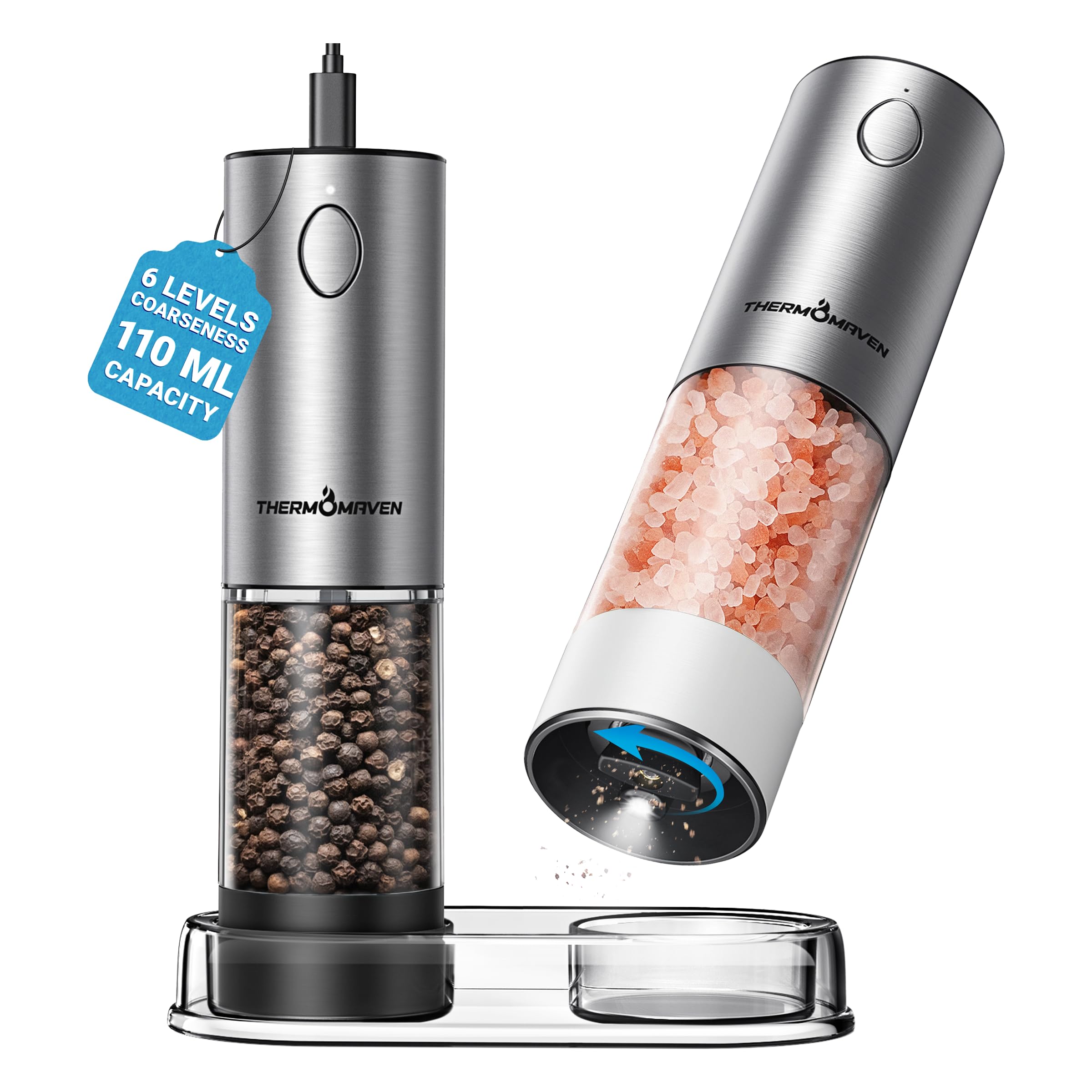 ThermoMaven Electric Salt and Pepper Grinder Set, 110ml Larger Rechargeable Automatic Salt and Pepper Mill Grinder with 6 Adjustable Coarseness, Salt and Pepper Shakers, LED, 2 Packs, Black & White