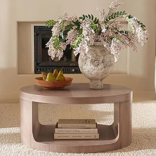 Mesa auxiliar redonda con almacenamiento, mesa moderna de sala de estar de 31 pulgadas, mesas centrales de madera circulares de 2 niveles para Rosa