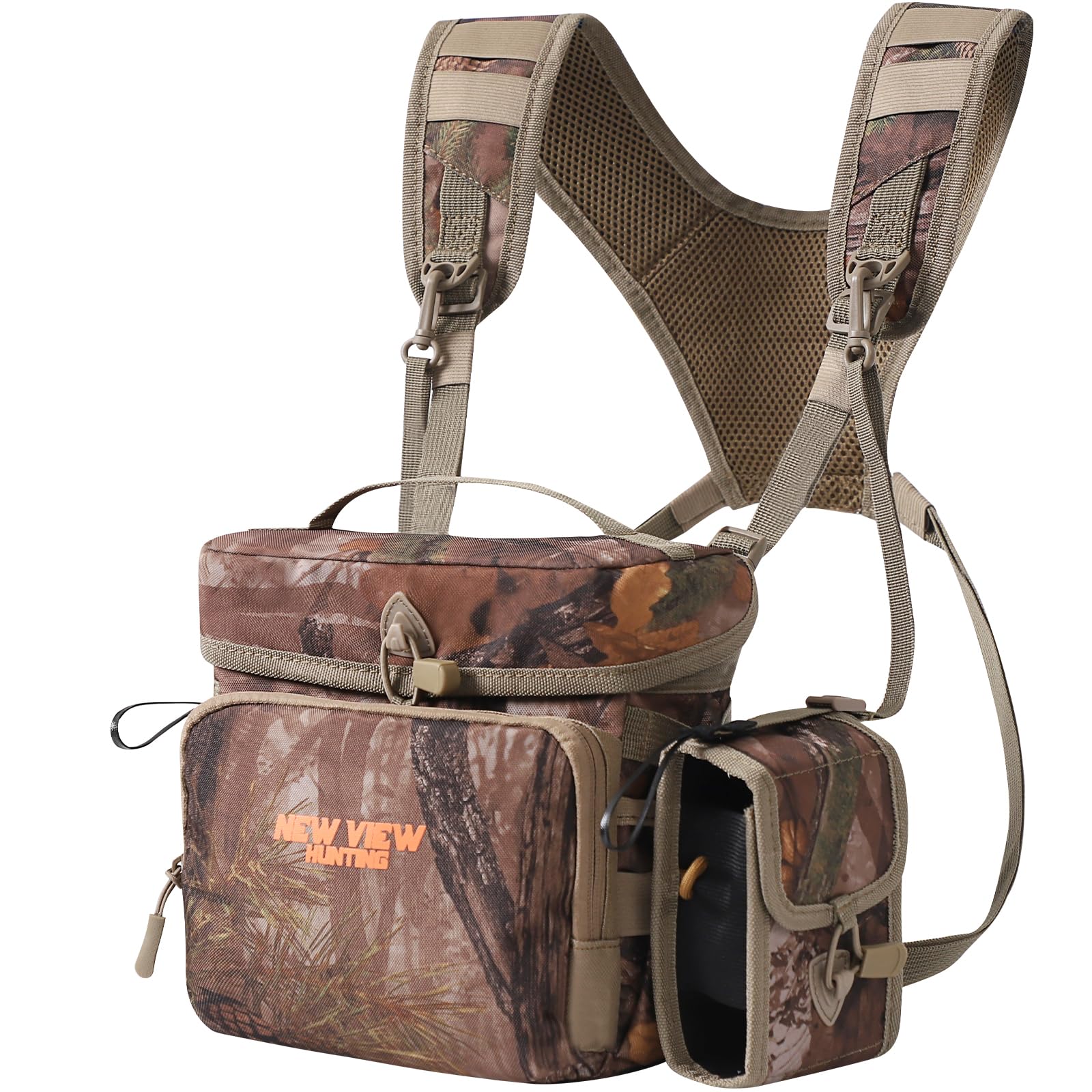 NEW VIEW CamoRanger Binocular Harness Chest Pack, Ripstop Bino Harness with Rangefinder Pouch and Rain Cover for Hunting