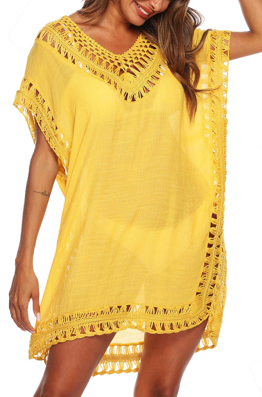 Siaeamrg Women's Yellow Swimsuit Cover Ups For V Neck Hollow Out Crochet Chiffon Summer Beach Cover Up Dress, One-Size - One Size