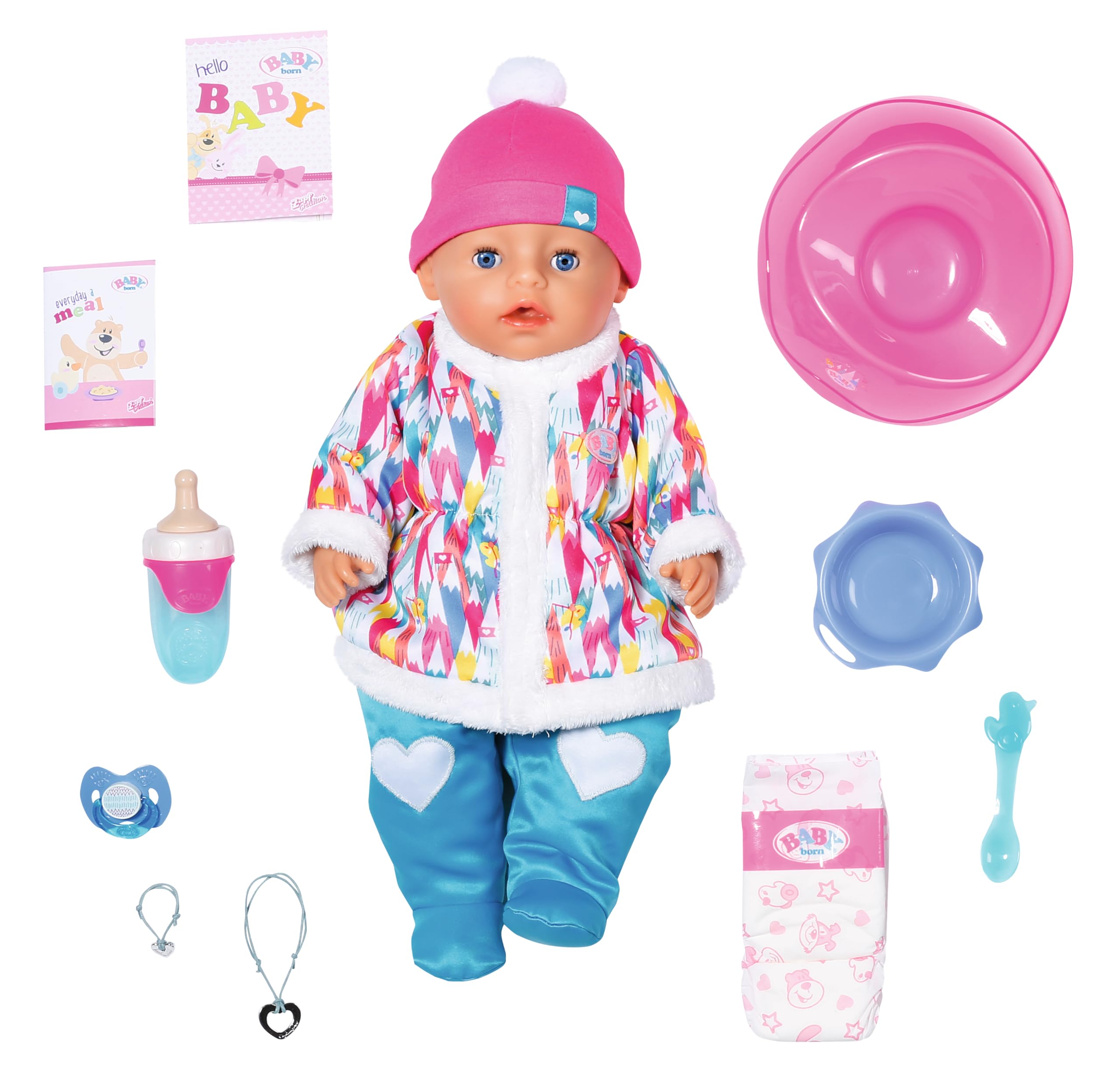 BABY born Soft Touch Wintertime Girl, 43 cm duża lalka niemowlęca z 9 funkcjami i akcesoriami z kombinezonem śnieżnym, dla dzieci od trzech lat, działa bez baterii, 831281 Zapf Creation