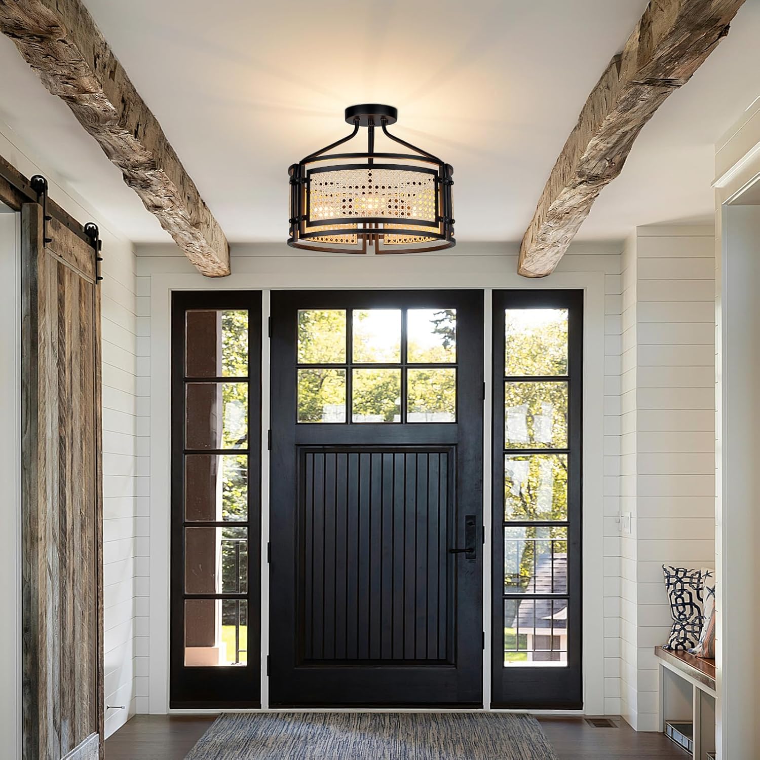 Farmhouse Semi Flush Mount Ceiling Light Fixture, 15 Inch 3-Light Boho Rattan Flush Mount Light Fixtures, Round Ceiling Lights for Kitchen Bedroom Hallway Dining Room