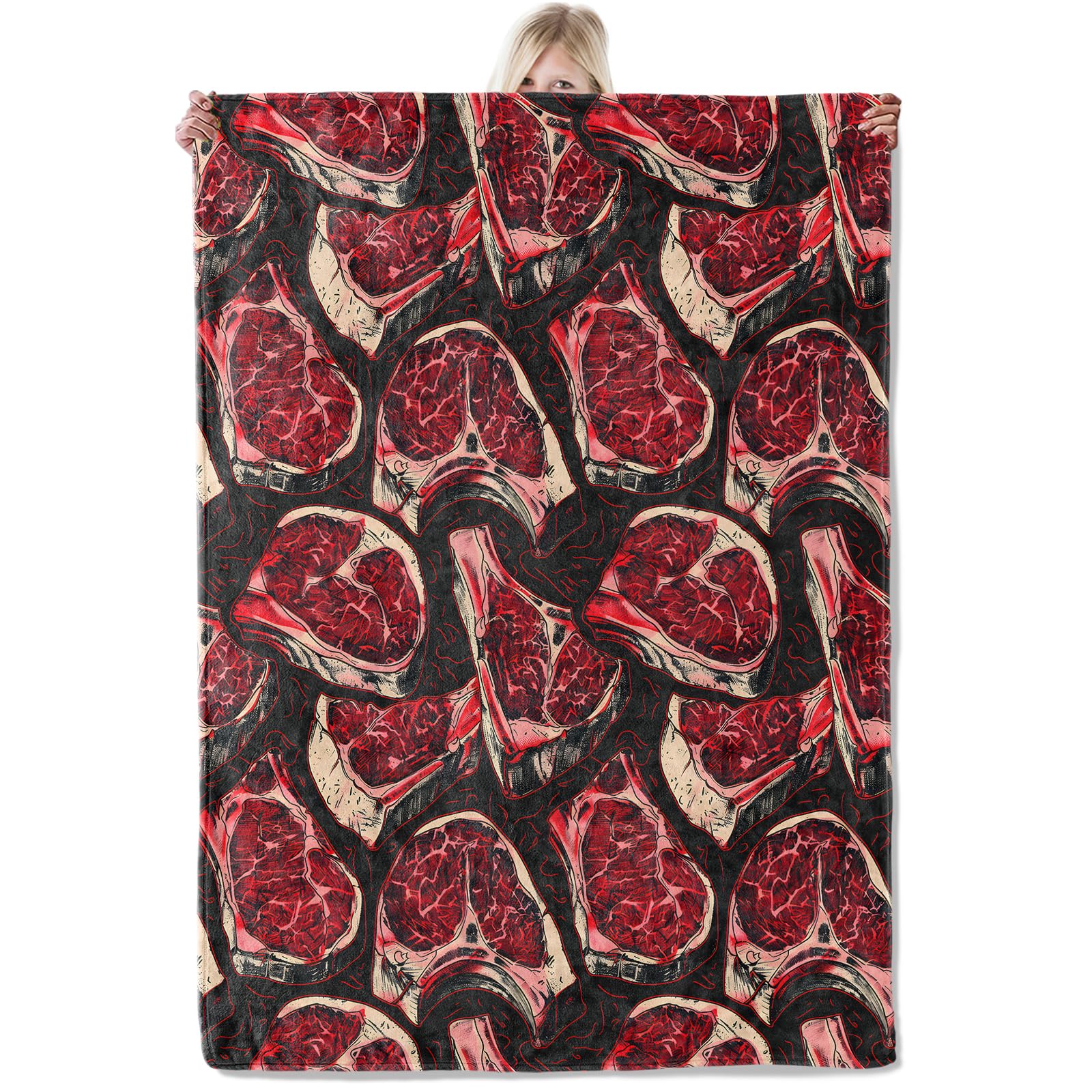 Retro Meat Pattern Throw Blankets 50x60 Inches, Ultra Soft Cozy Warm Fuzzy Gifts for Beef Lovers, Vintage Steak Cut Illustration Polyester Blanket for