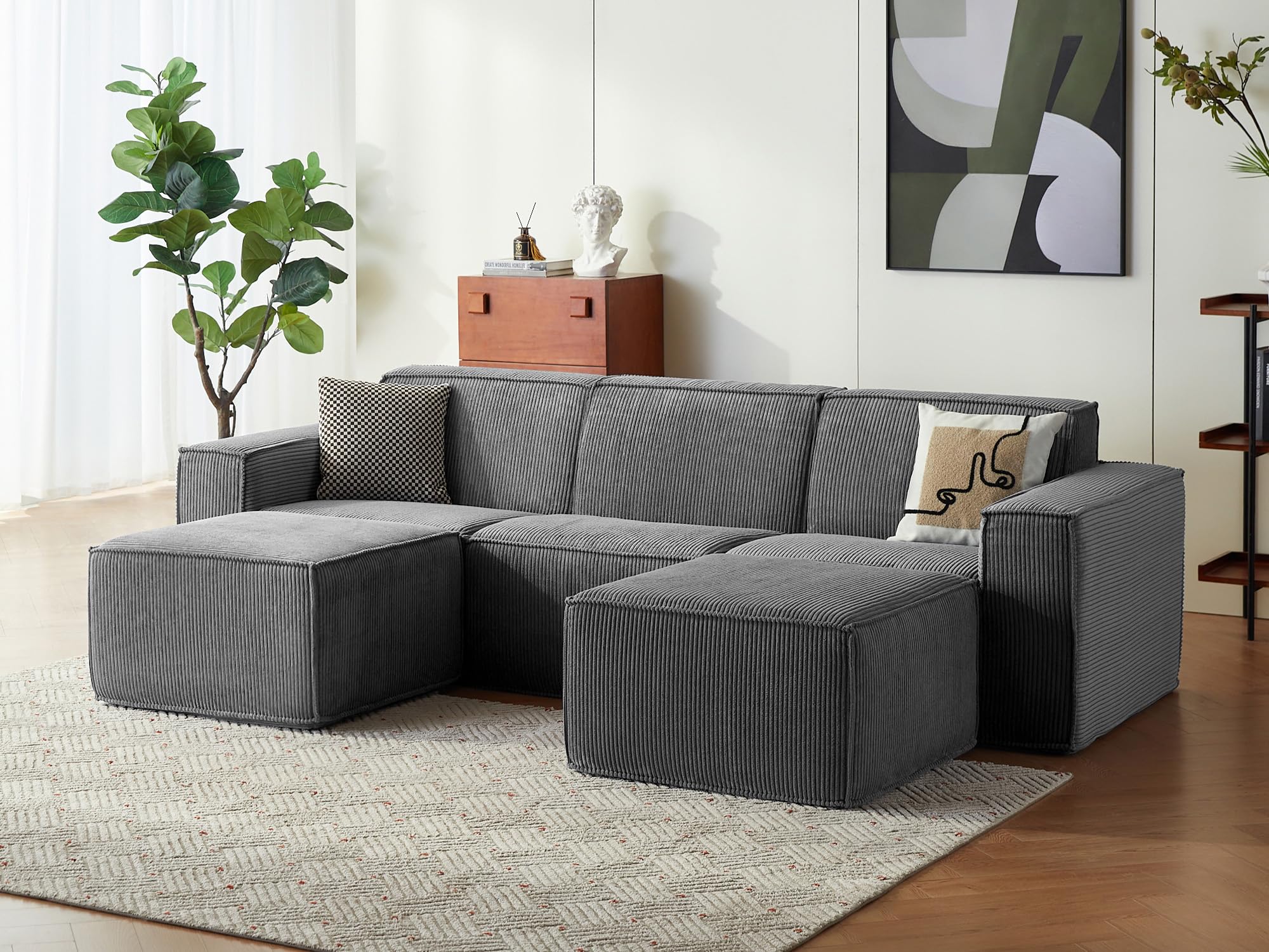 Photo 1 of *** PARTIAL SET/LEFT AND RIGHT SIDE SOFA ONLY***LINSY HOME Modular Sectional Sofa, 105" Boneless Couch U Shaped 3-Seat Sofa with 2 Movable Ottomans, Corduroy Sectional Cloud Couches for Living Room, No Assembly Required, Bluish Grey