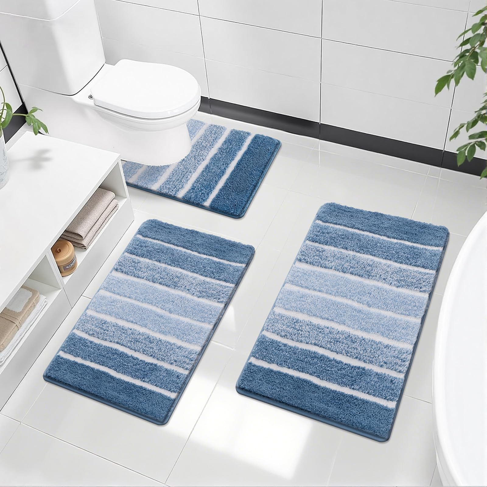 SHACOS Non-Slip 3 Piece Rectangular Bath Mats Washable Absorbent, Blue
