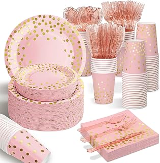 AIRE 175PCS Pink Rose Gold Party Plates Set for 25 Guests - Disposable Plates, Cups, Napkins, Heavy-Duty Cutlery for Baby Shower, Birthday, Wedding