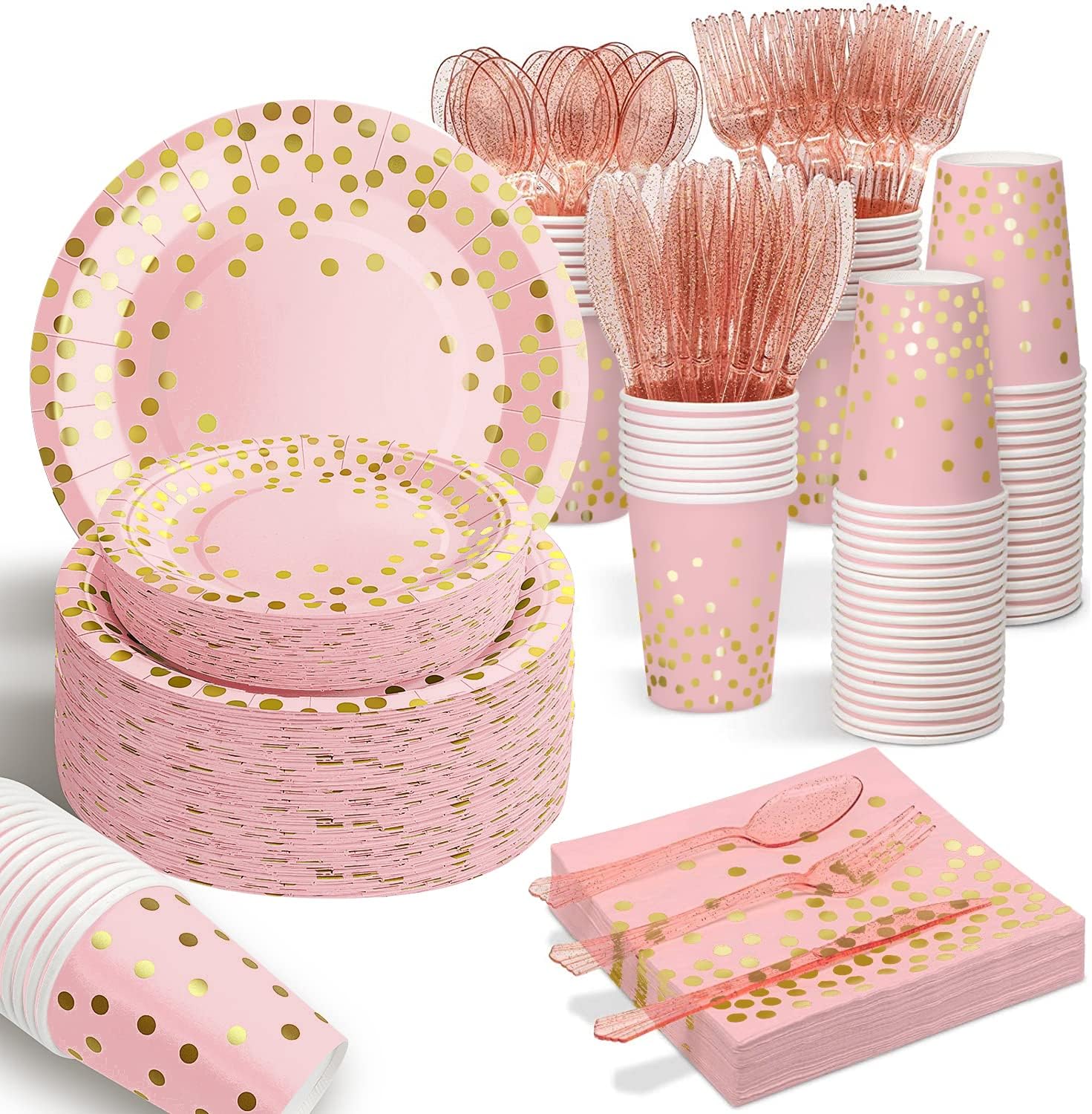 AIRE 175PCS Pink Rose Gold Plates Party Supplies Severs 25 Guests Disposable Party Decorations, Plastic Forks Knives Spoons, Golden Dot Paper Plates Napkins Cups for Mothers Day Birthday Wedding