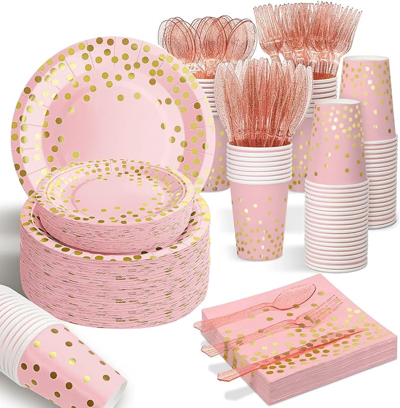 AIRE Pink Gold Paper Plates, 175PCS Disposable Dinnerware Set for 25 Guests | Thick food-grade paper,ideal for elegant weddings birthday graduations,leakproof heavy-duty construction,eco-friendly party
