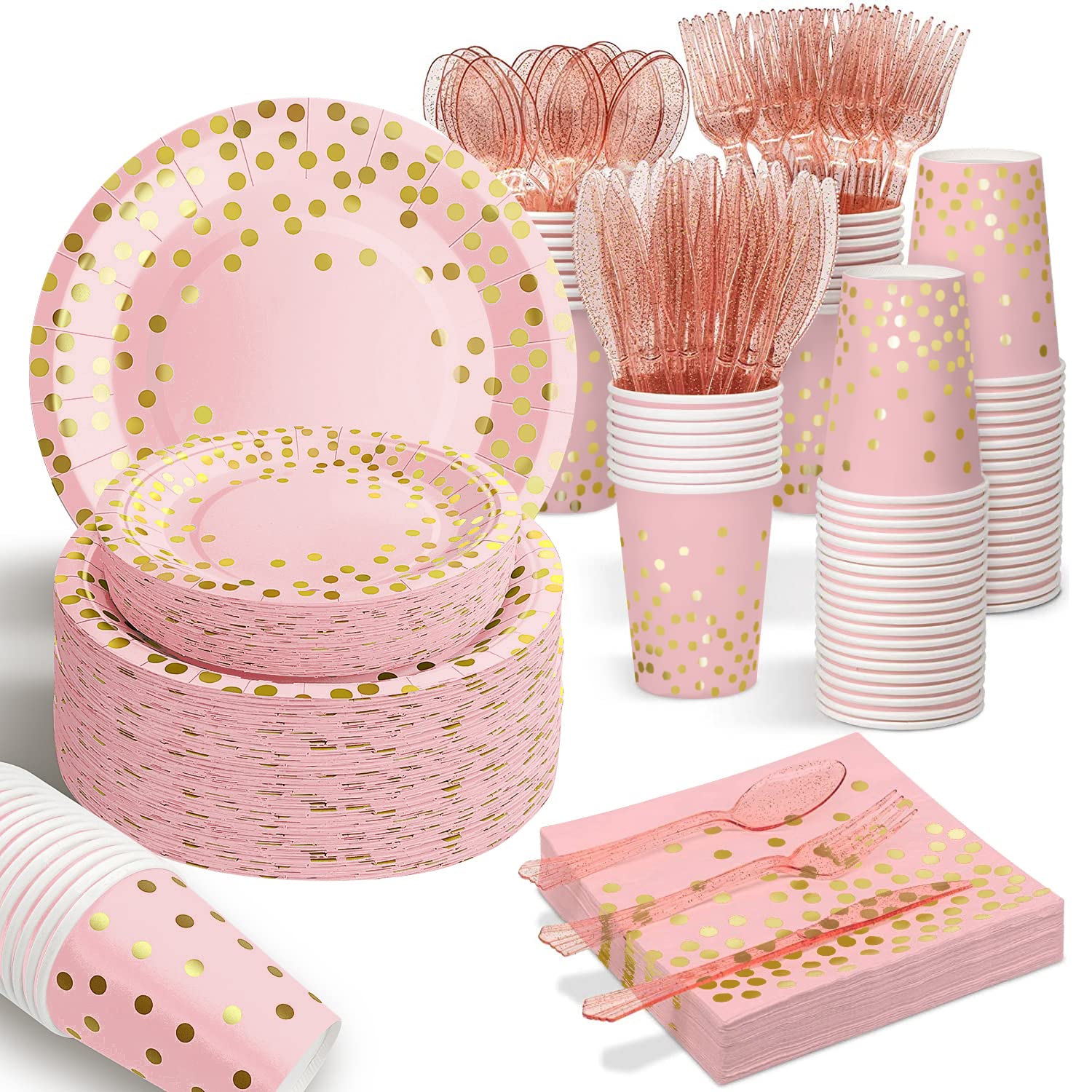 AIRE 175PCS Pink Rose Gold Plates Party Supplies Severs 25 Guests Disposable Party Decorations Plastic Forks Knives Spoons