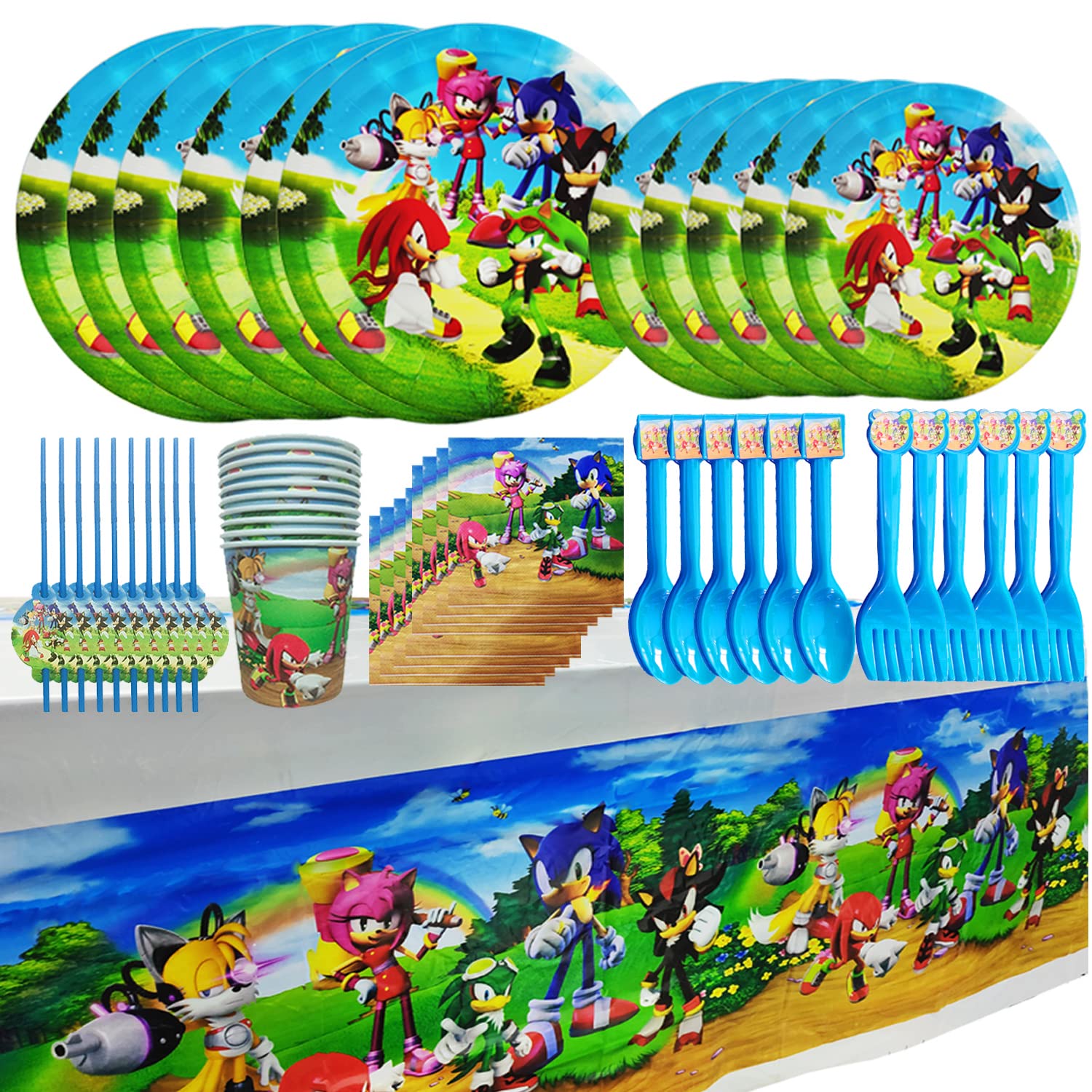 Sonic Birthday Party Supplies, Sonic Flatware, Plates, Fork, Spoons, Paper cups, Straws, Napkins, Tablecloth Party Decorations Kids Shower Birthday Party Favors.