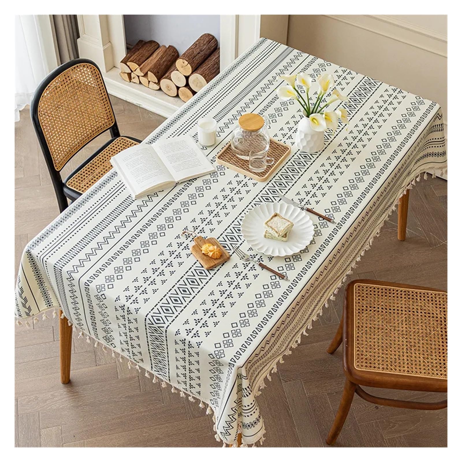 Mzsklw Black White Waterproof Tablecloth Waterproof And Oil Resistant Tablecloth Cotton And Linen Non Wash Fabric Ethnic Style Rectangular Tassel Homestay(,90X150cm)