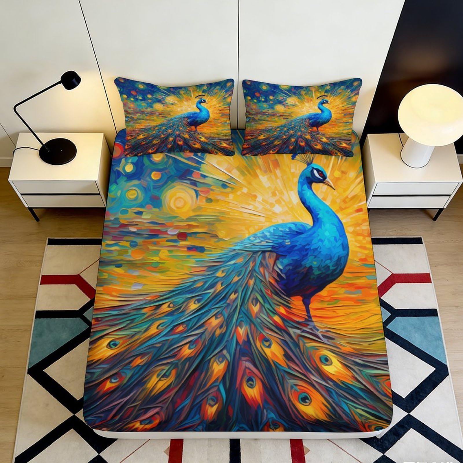 3D Printed Peacock Art Fitted Sheet Microfiber Soft Vibrant Feather Bed Cover for Bedroom Guest Room Decor 90x200x25cm
