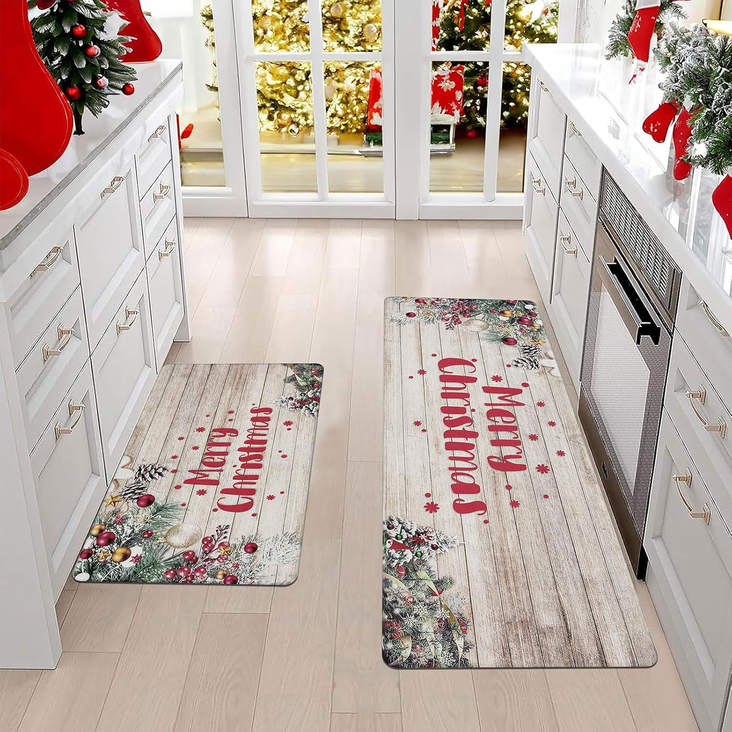 U'Artlines 2Piece Anti Fatigue Kitchen Rug Runner Set for Home Office Non Slip Waterproof Heavy Duty Comfort Standing Mats (17x28+17x47Inch, Christmas)