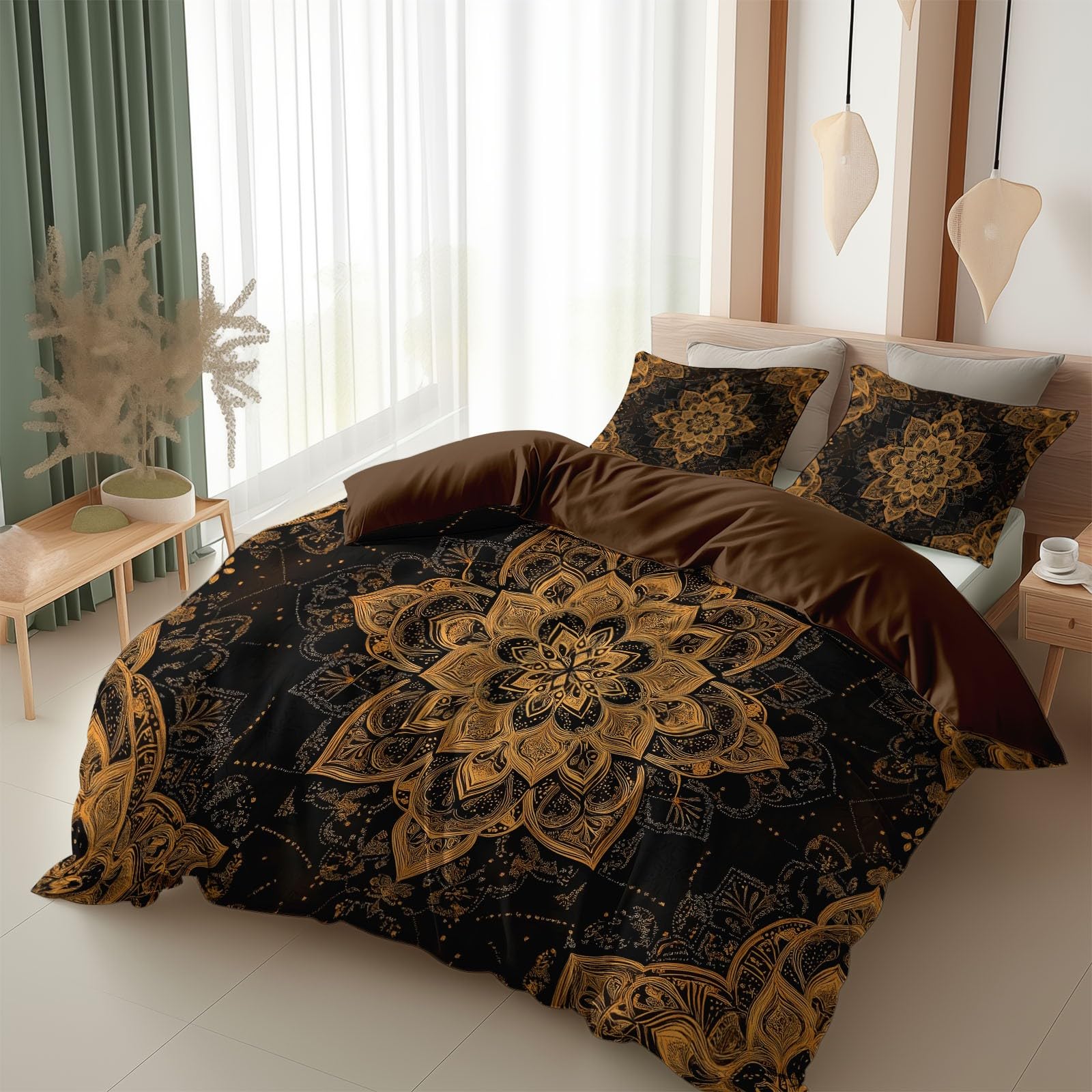 Poszwa na kołdrę 220x240 cm w stylu vintage - zestaw pościeli z nadrukiem w stylu boho, miękka mandala kwiatowy nadruk, złoty elegancki zestaw pościeli z mikrofibry z zamkiem błyskawicznym, 2 poszewki