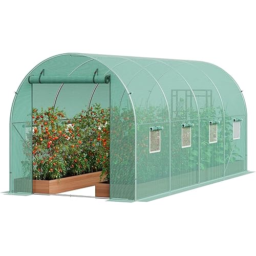 15x7x7 Ft Walk-in Tunnel Greenhouse for Outdoor Gardening - Heavy Duty Galvanized Steel Hoop House with Green PE Cover, Roll-Up Zipper Door & 8 Vent Windows, Plant Protection & Year-Round Growing