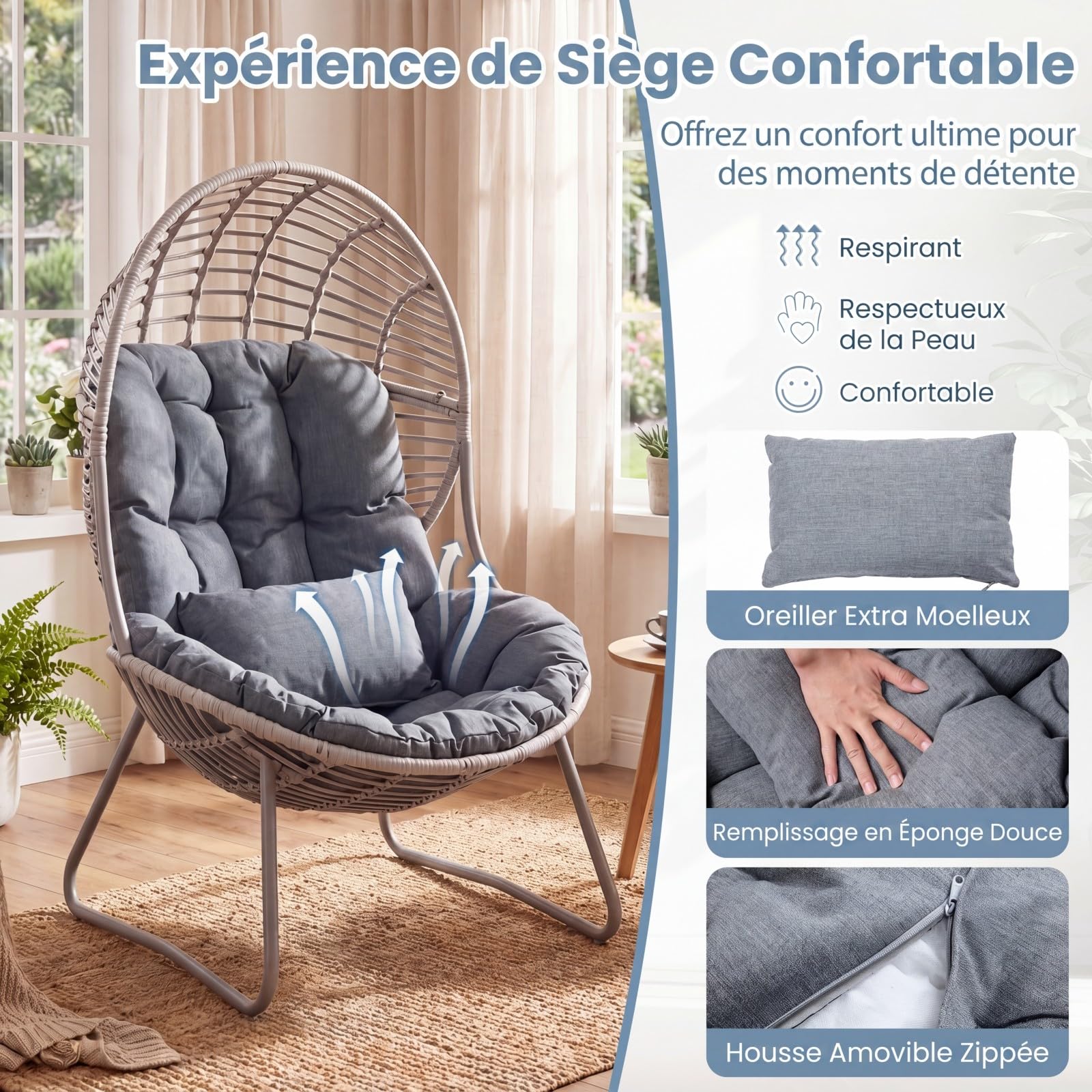 COSTWAY Fauteuil Œuf sur Pied en Rotin PE, Coussins Amovibles