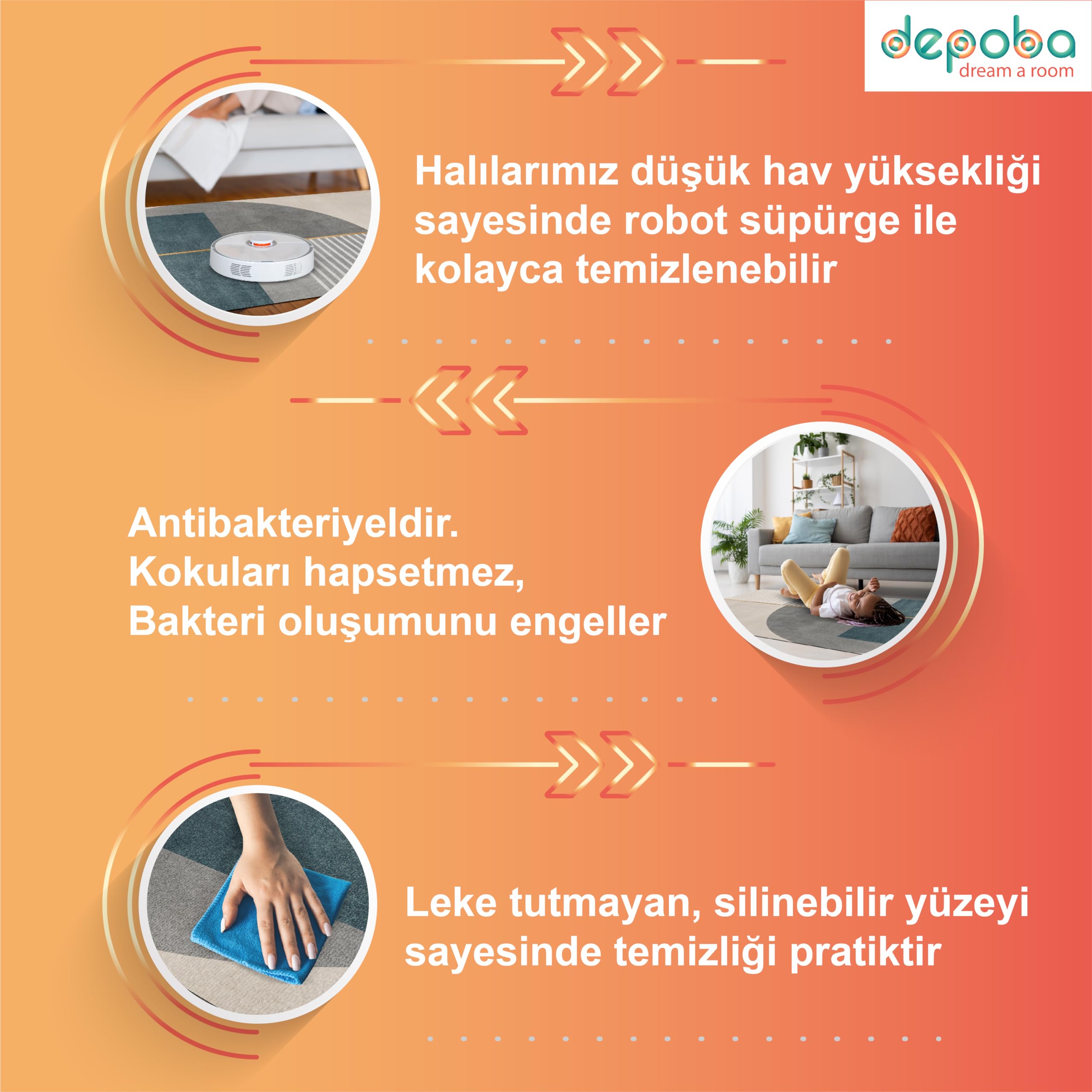 Depoba Purpa Vintage Şönil Kaymaz Doğal Pamuk Tabanlı Yıkanabilir Antibakteriyel Çevre Dostu Salon Halısı 120x180