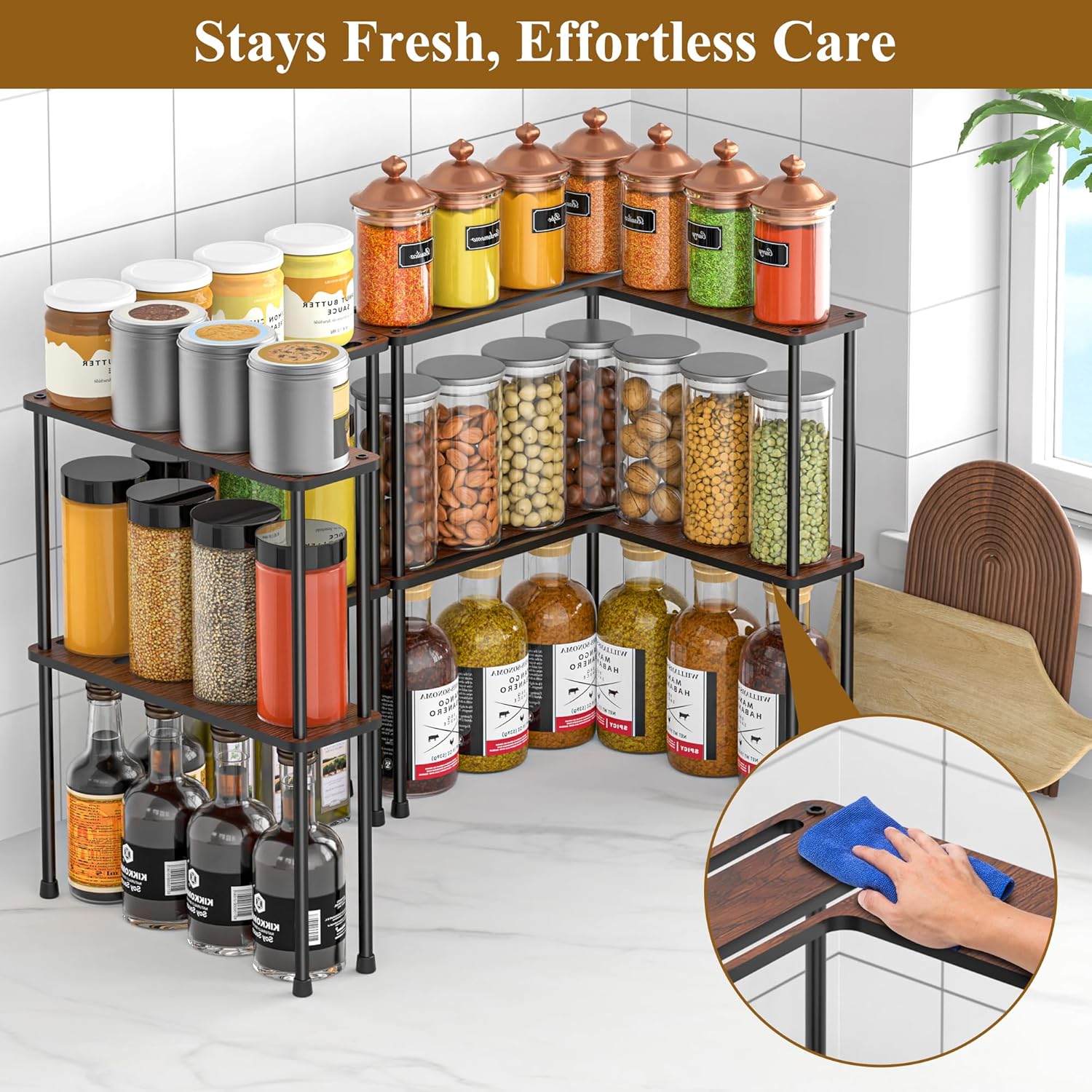 Spicy Rack Pro – Expandable 10"-18.9" Spice Rack for Cabinet, 2-Tier Wood & Metal Shelf, Heavy Duty, High Space for Large Bottles, Easy 3-Min Install, Stackable or Side-by-Side