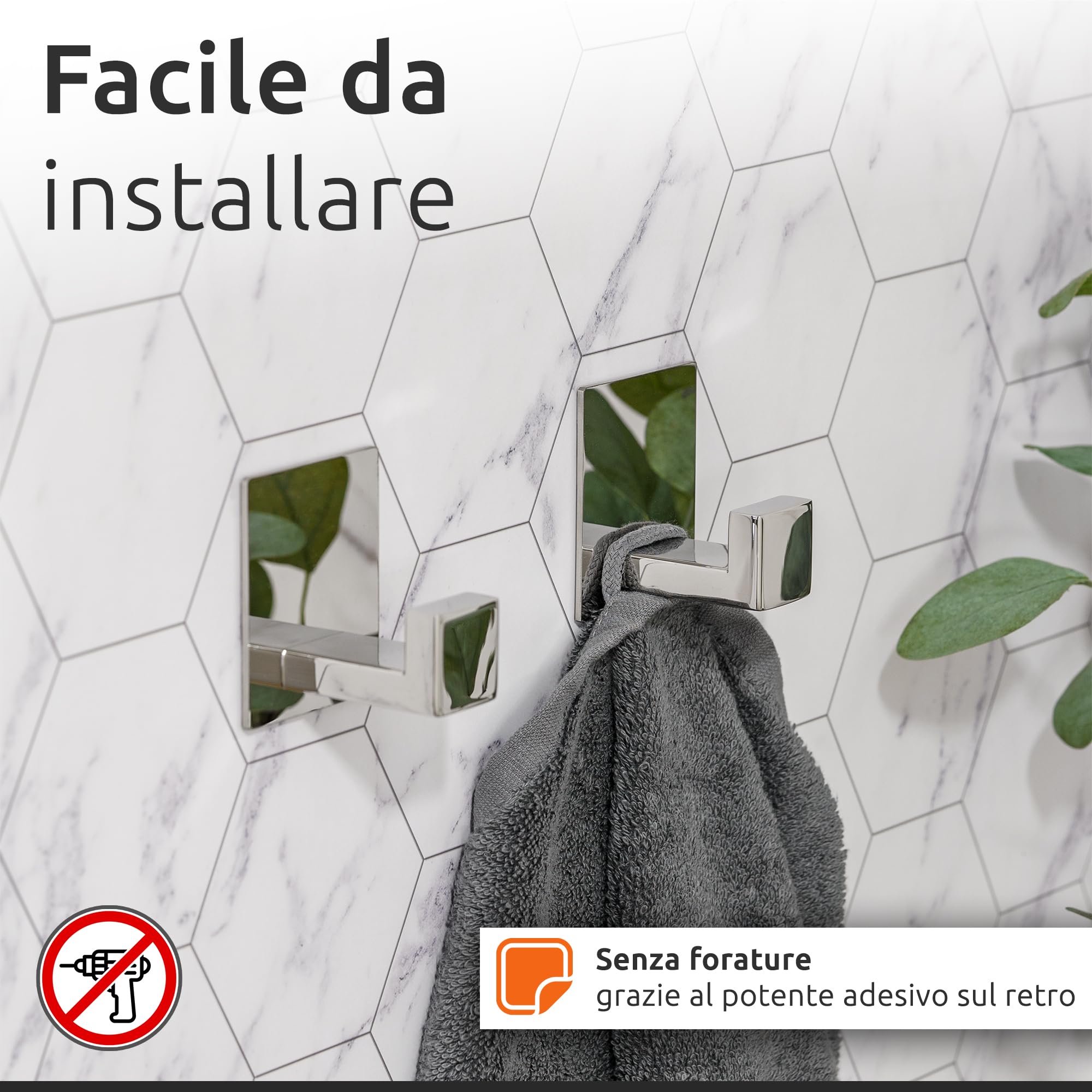 ECENCE Set Porta Asciugamani - 1x Porta Carta Igienica + 2x Ganci Adesivi - Accessori per Bagno - Acciaio Inossidabile 304 cromo