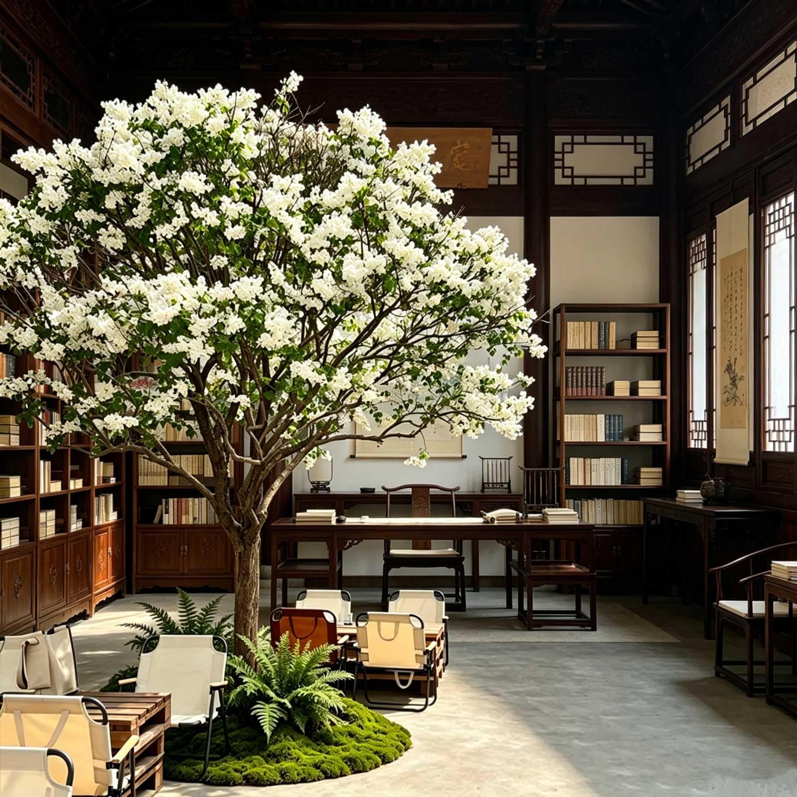 KIBONCY Elegant Fluffy White April Snow Faux Tree, Single Trunk Realistic Chionanthus Retusus Artificial, Freestanding Moss Base Floor Plant for Hotel Lobby & Entryway Ornament(4x3m)