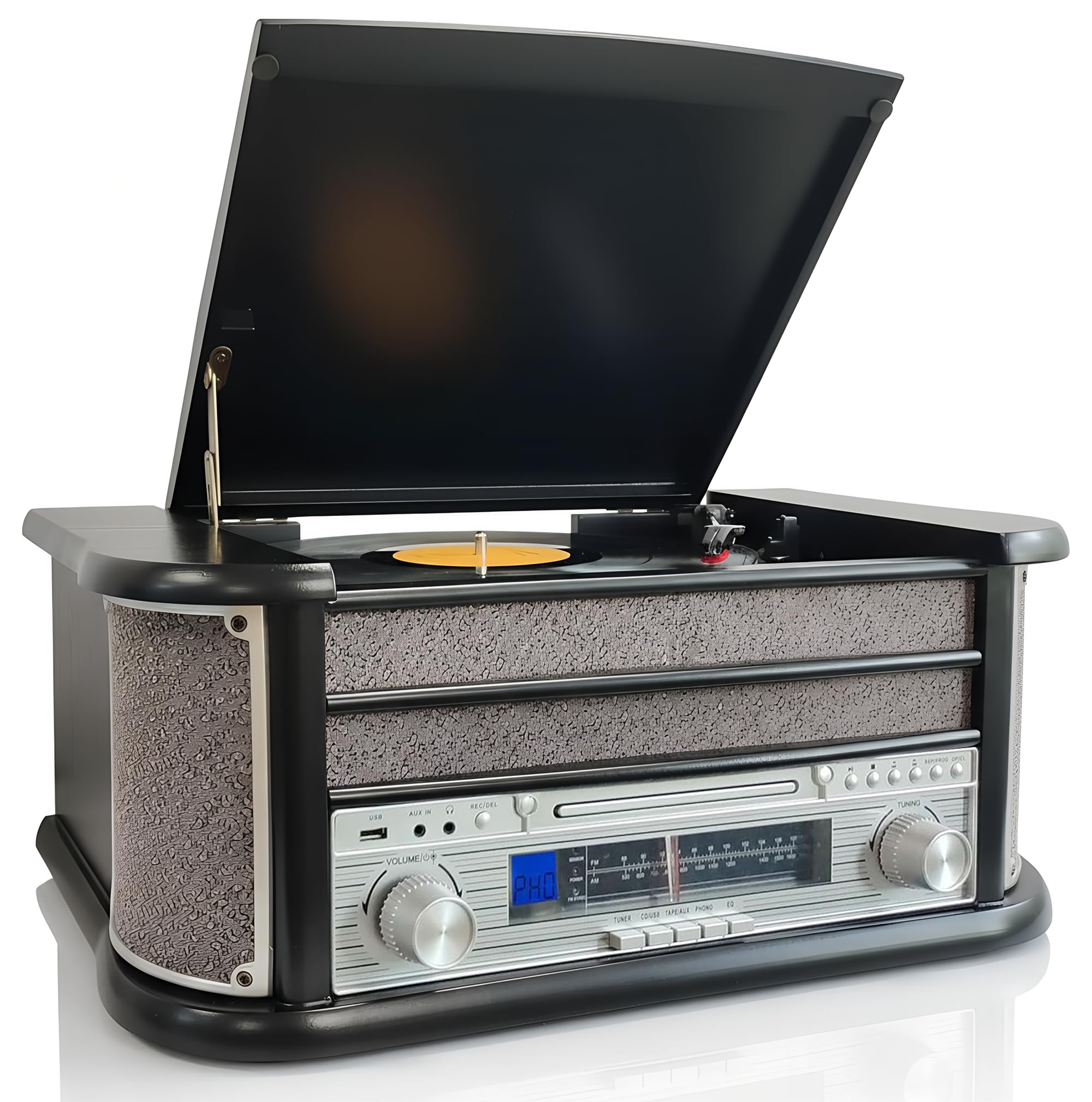 Denver 8-in-1 CD Bluetooth Cassette Player Retro Wooden Record Player HiFi System – 3 Speed Vinyl Turntable & Cassette With CD Player, FM/AM Radio, MP3 USB Recording, AUX IN And Line Out – MCR-50BT